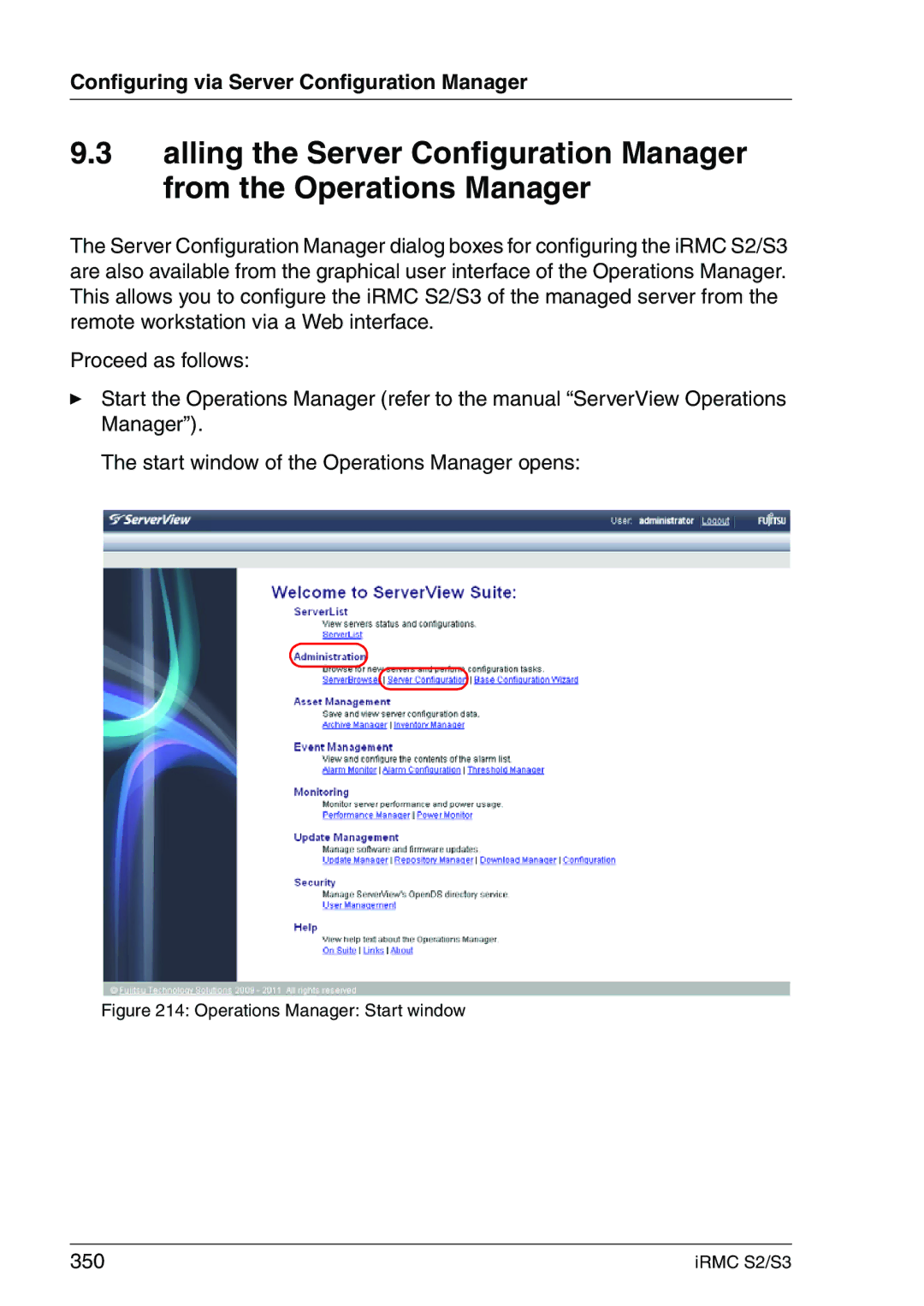 Fujitsu IRMC S2/S3 manual 350, Operations Manager Start window 