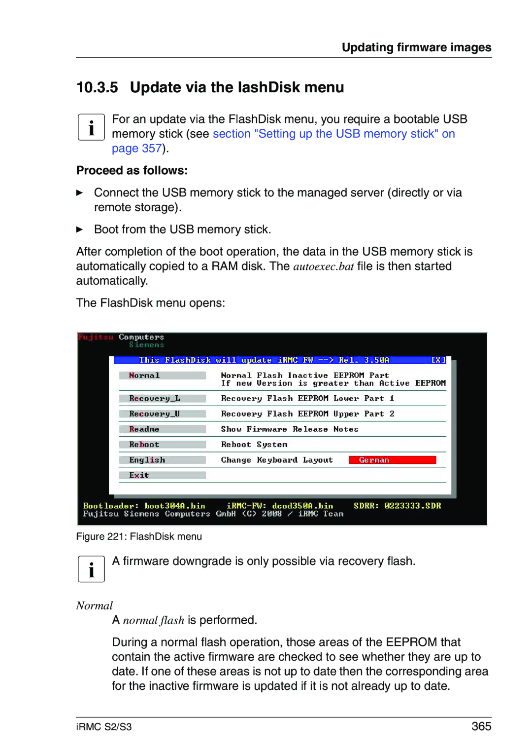 Fujitsu IRMC S2/S3 manual Update via the lashDisk menu, Firmware downgrade is only possible via recovery flash, 365 