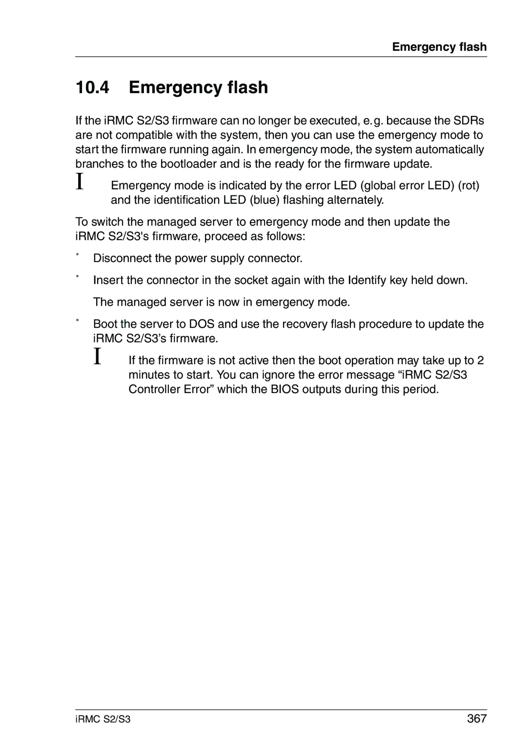 Fujitsu IRMC S2/S3 manual Emergency flash, 367 