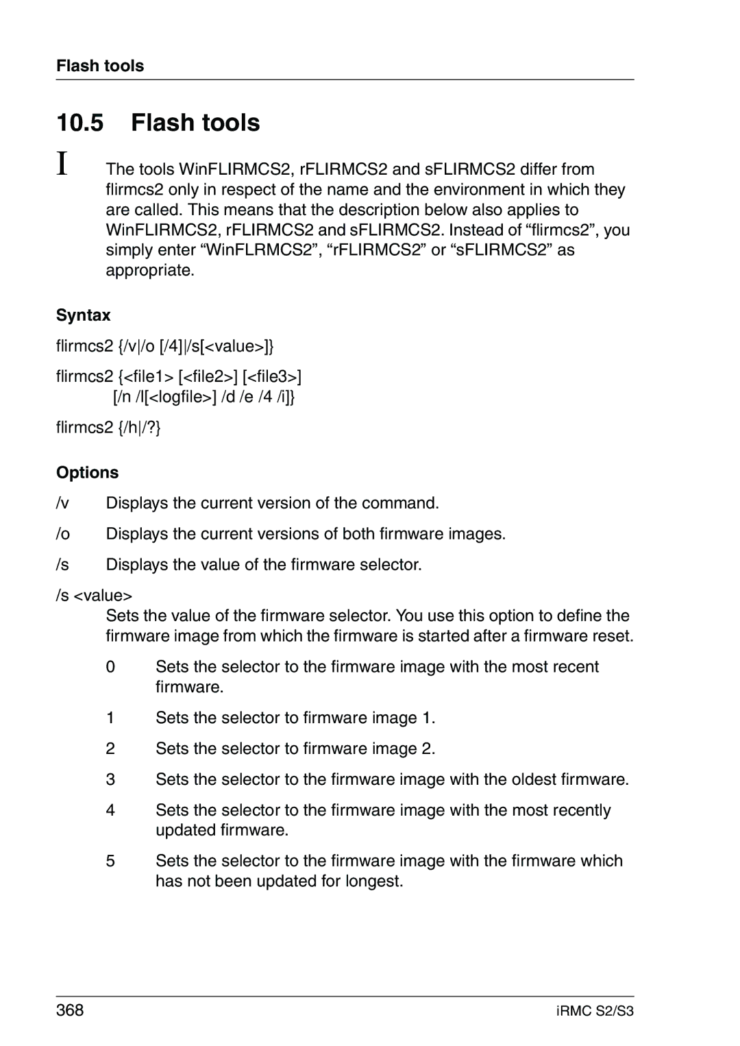 Fujitsu IRMC S2/S3 manual Flash tools, Syntax, Options 