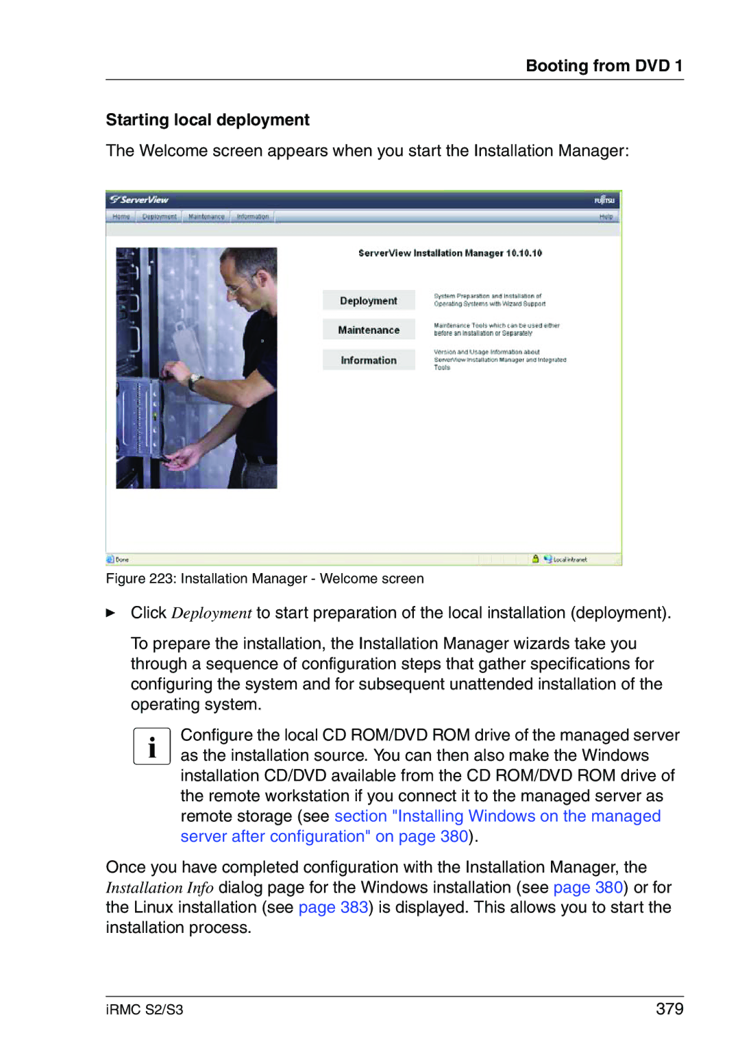 Fujitsu IRMC S2/S3 manual Booting from DVD Starting local deployment, 379 