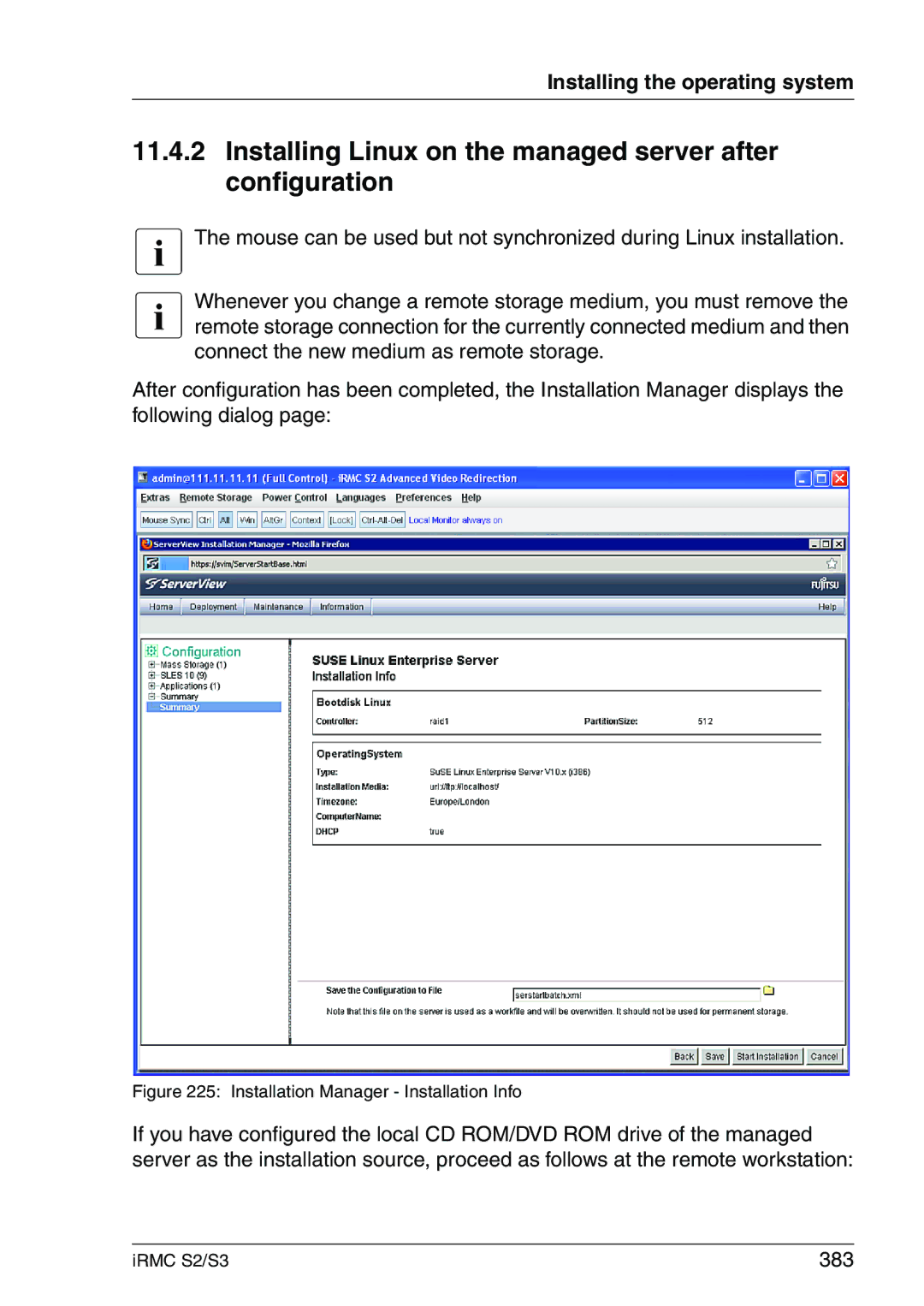 Fujitsu IRMC S2/S3 manual Installing Linux on the managed server after configuration, 383 