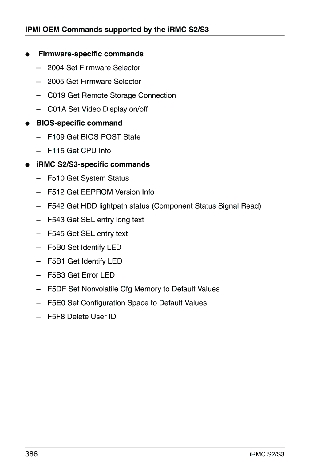 Fujitsu manual BIOS-specific command, F109 Get Bios Post State F115 Get CPU Info, IRMC S2/S3-specific commands 