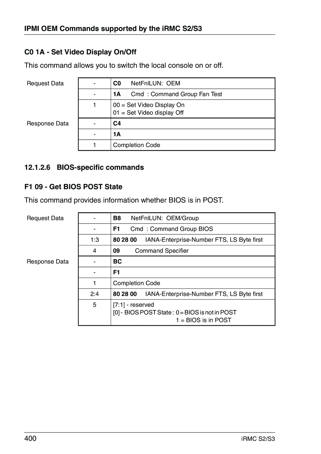 Fujitsu IRMC S2/S3 manual BIOS-specific commands F1 09 Get Bios Post State, 400 