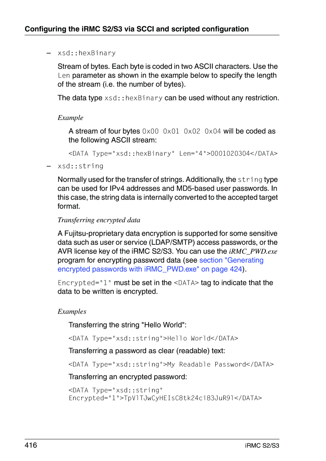 Fujitsu IRMC S2/S3 manual Transferring the string Hello World, Transferring a password as clear readable text, 416 