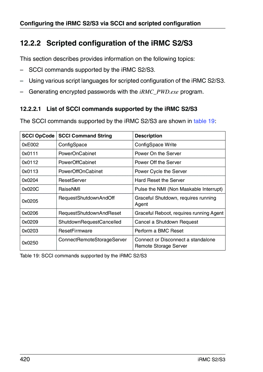 Fujitsu IRMC S2/S3 manual Scripted configuration of the iRMC S2/S3, List of Scci commands supported by the iRMC S2/S3, 420 