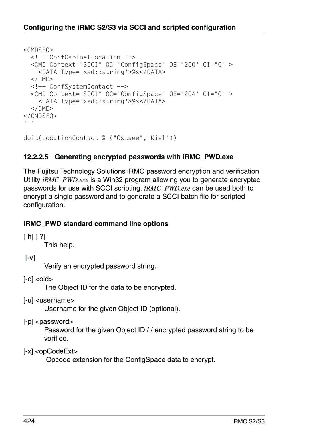 Fujitsu IRMC S2/S3 manual Generating encrypted passwords with iRMCPWD.exe, IRMCPWD standard command line options 