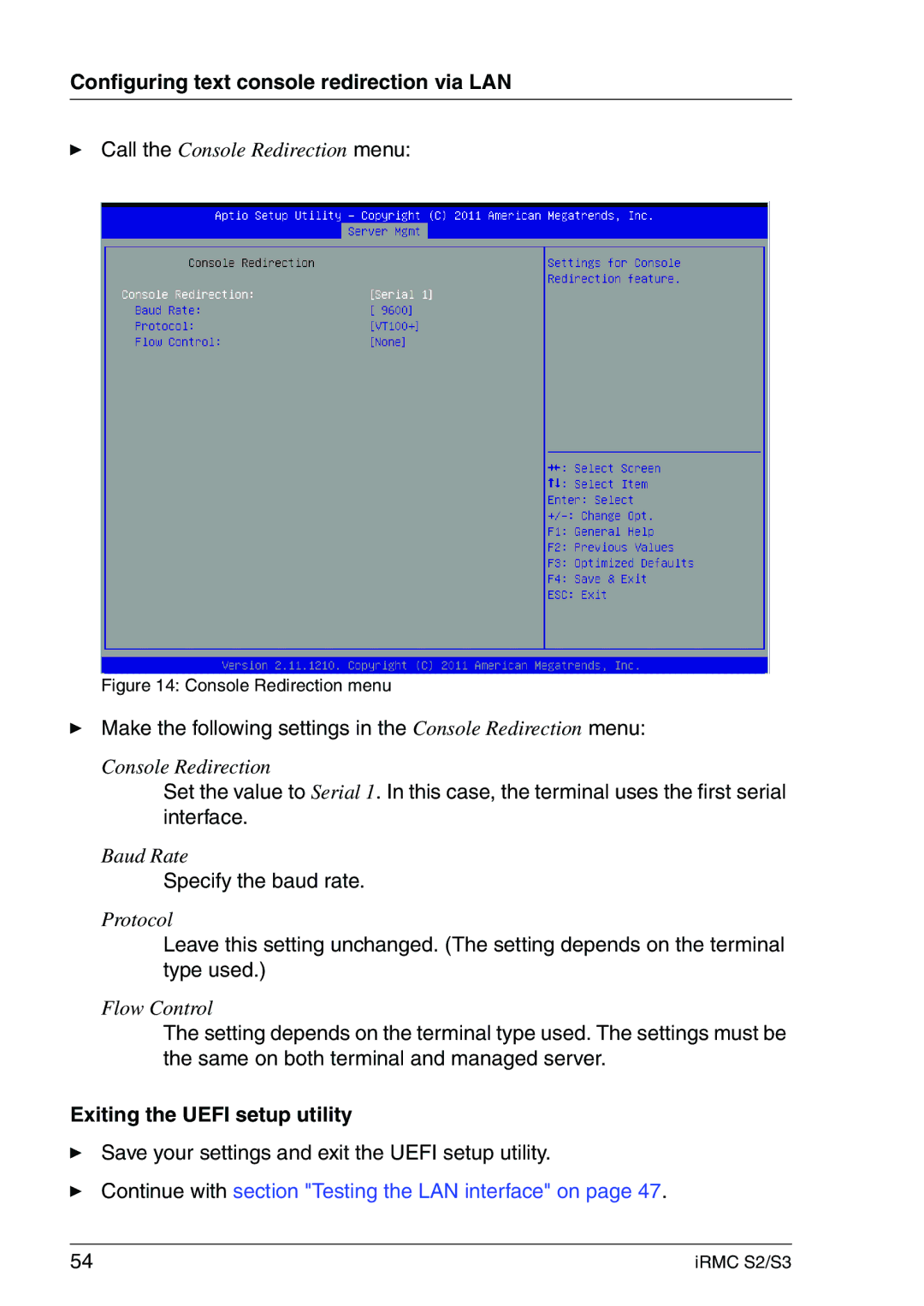 Fujitsu IRMC S2/S3 manual Make the following settings in the Console Redirection menu, Exiting the Uefi setup utility 