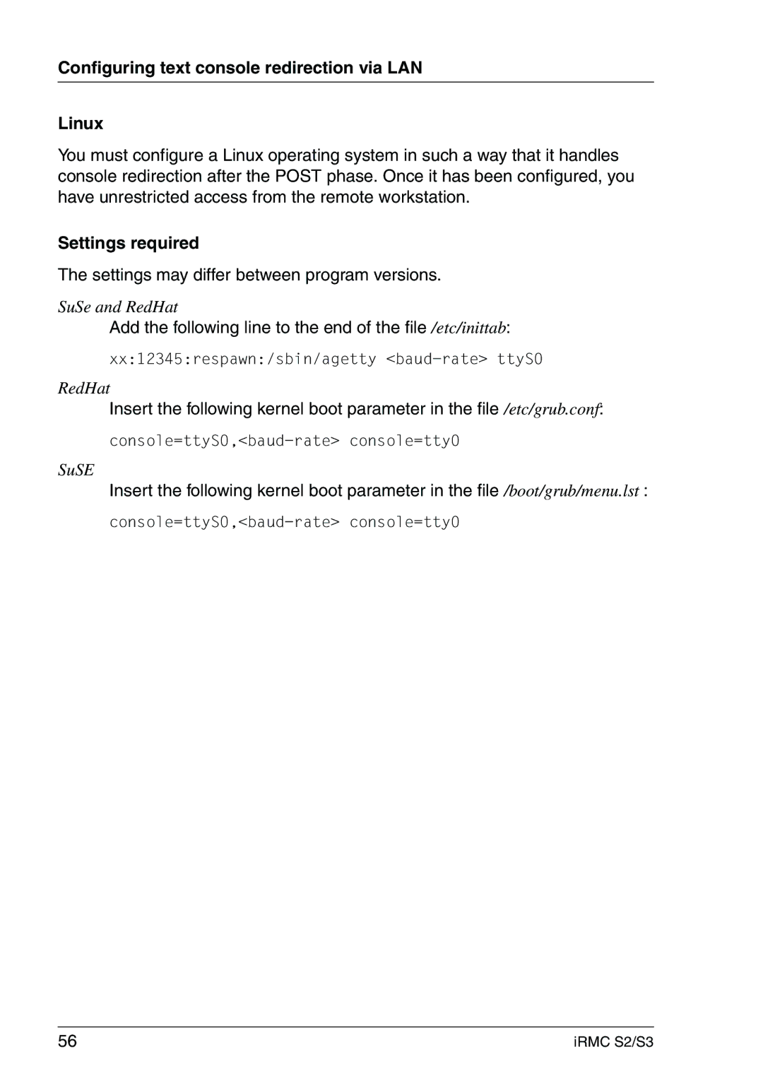 Fujitsu IRMC S2/S3 manual Configuring text console redirection via LAN Linux, Settings required 