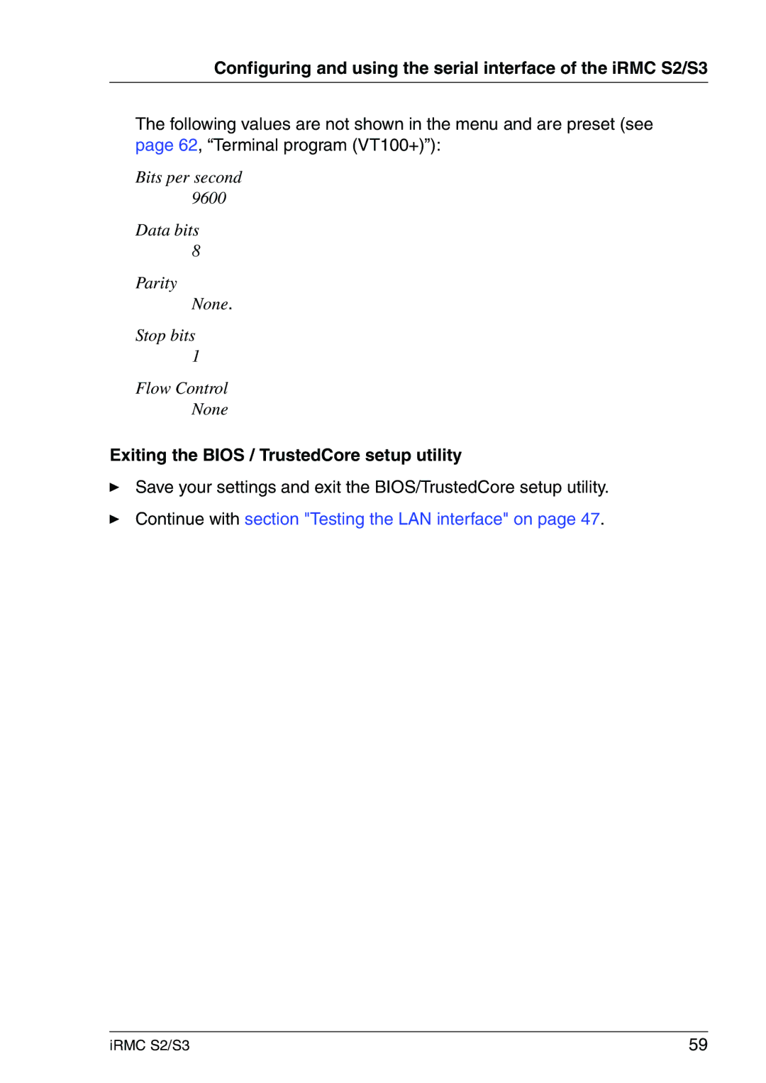 Fujitsu IRMC S2/S3 manual Data bits Parity None Stop bits Flow Control 