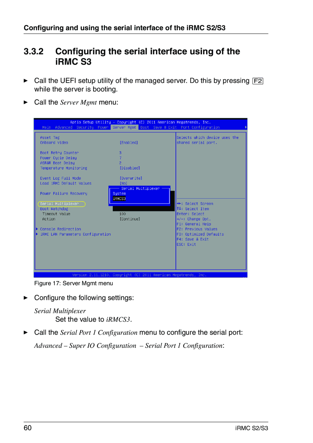 Fujitsu IRMC S2/S3 manual Configuring the serial interface using of the iRMC S3, Server Mgmt menu 