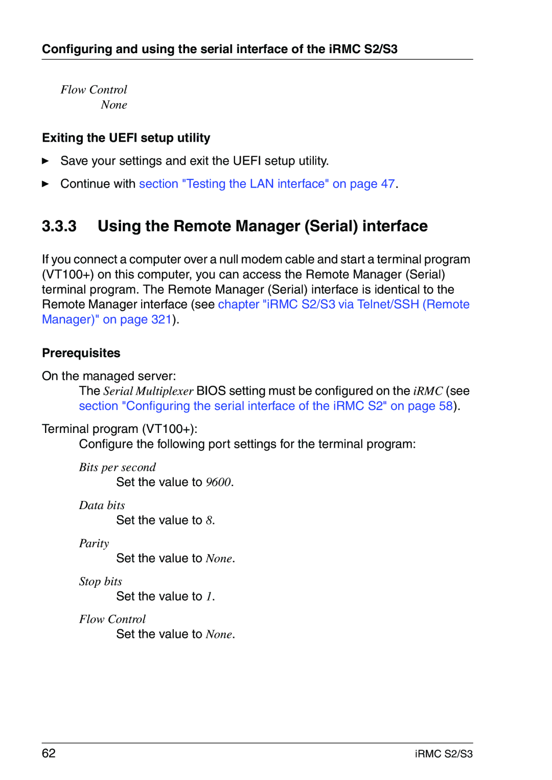 Fujitsu IRMC S2/S3 manual Using the Remote Manager Serial interface, Prerequisites, On the managed server, Set the value to 