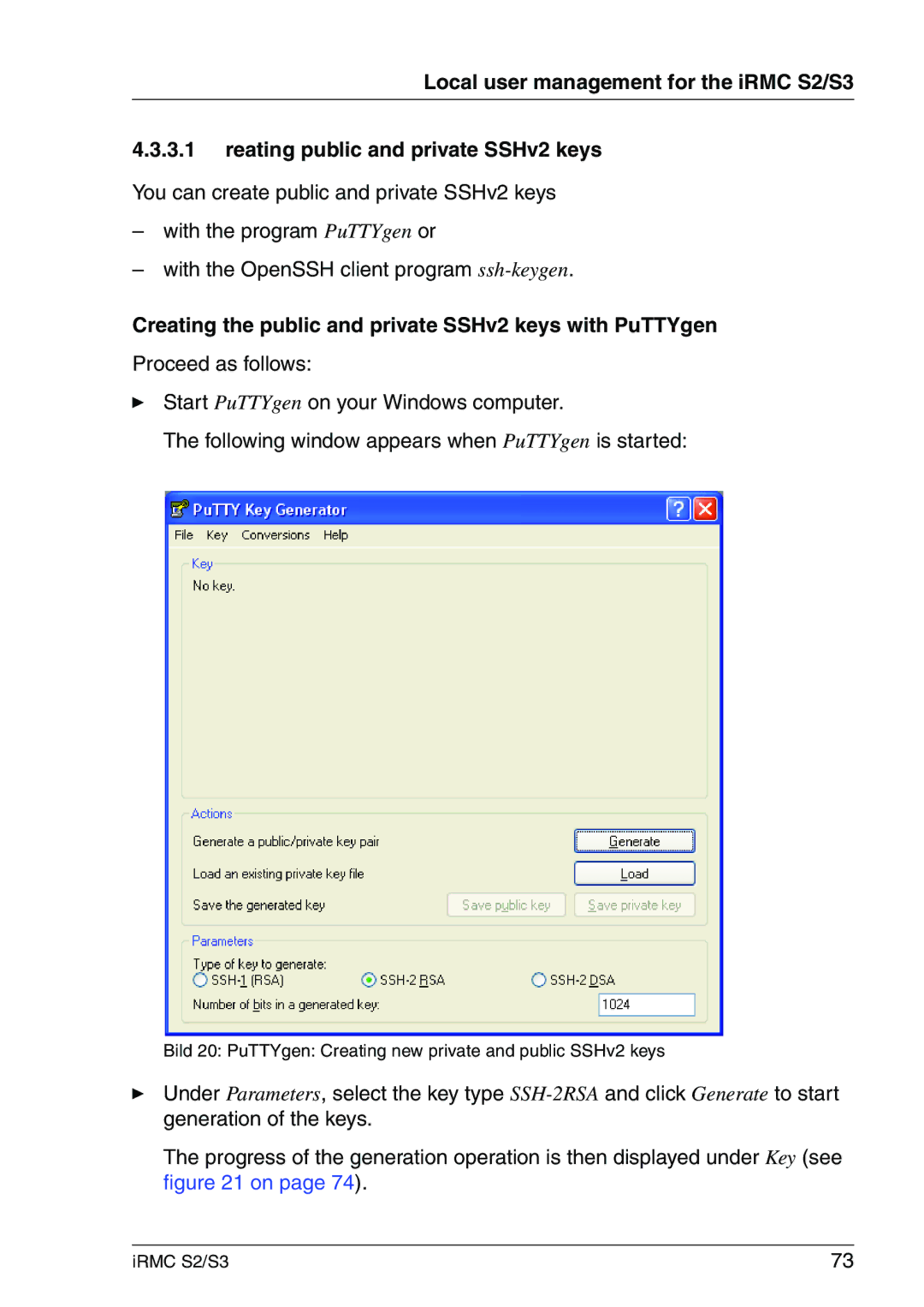 Fujitsu IRMC S2/S3 manual Creating the public and private SSHv2 keys with PuTTYgen 