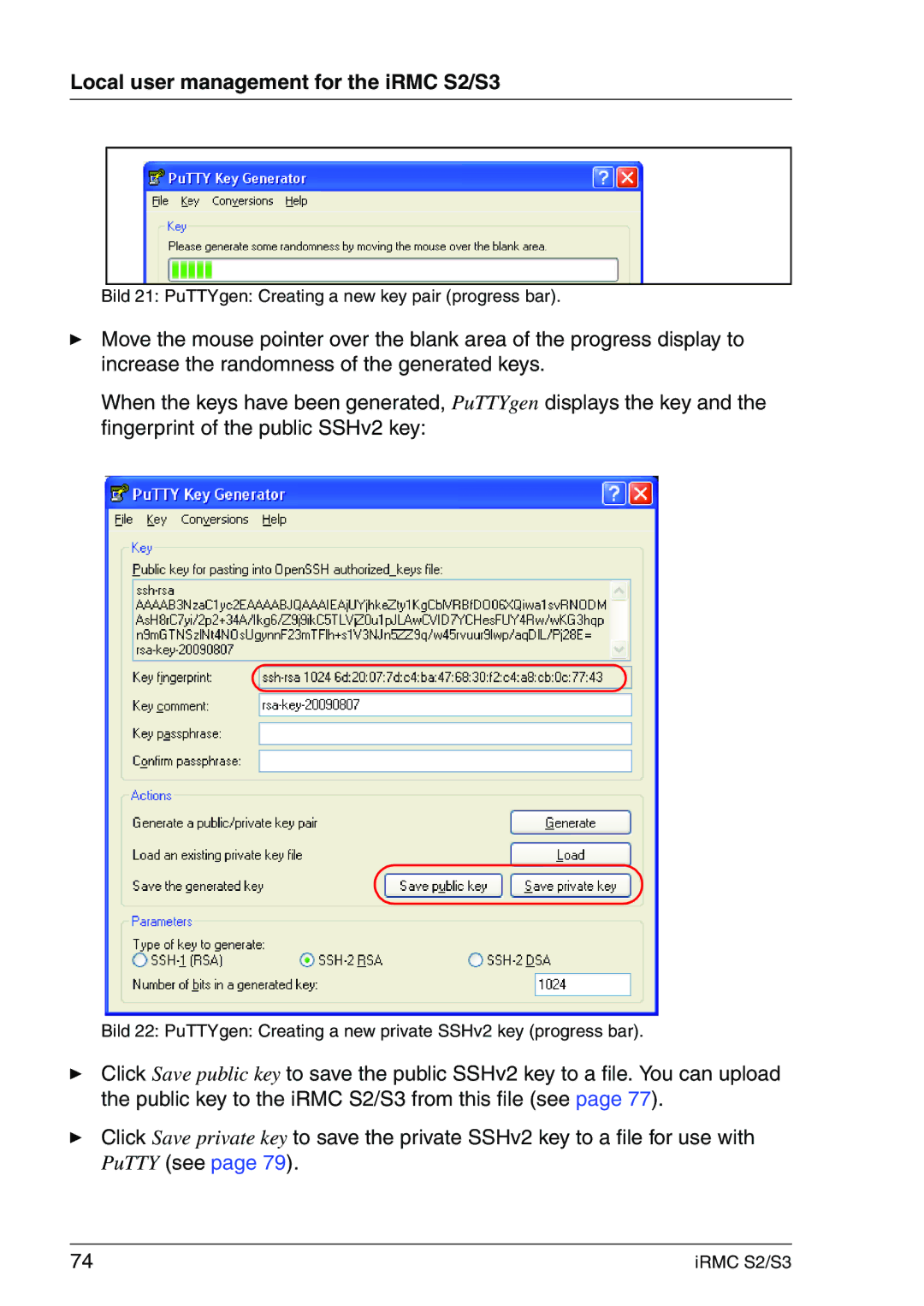 Fujitsu IRMC S2/S3 manual Bild 21 PuTTYgen Creating a new key pair progress bar 