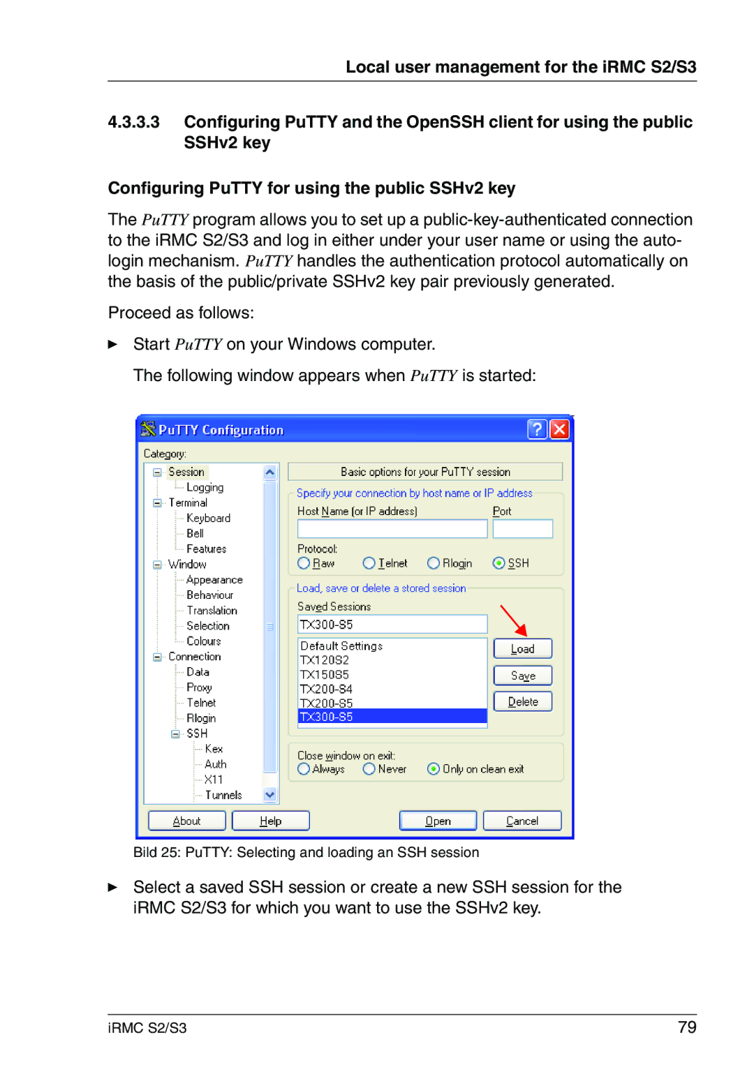 Fujitsu IRMC S2/S3 manual Bild 25 PuTTY Selecting and loading an SSH session 