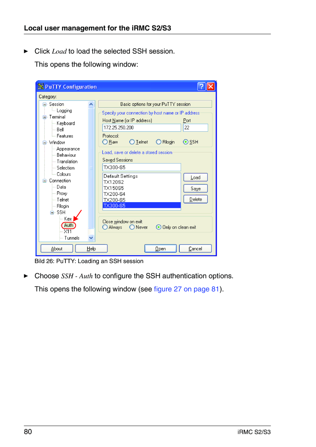 Fujitsu IRMC S2/S3 manual Bild 26 PuTTY Loading an SSH session 