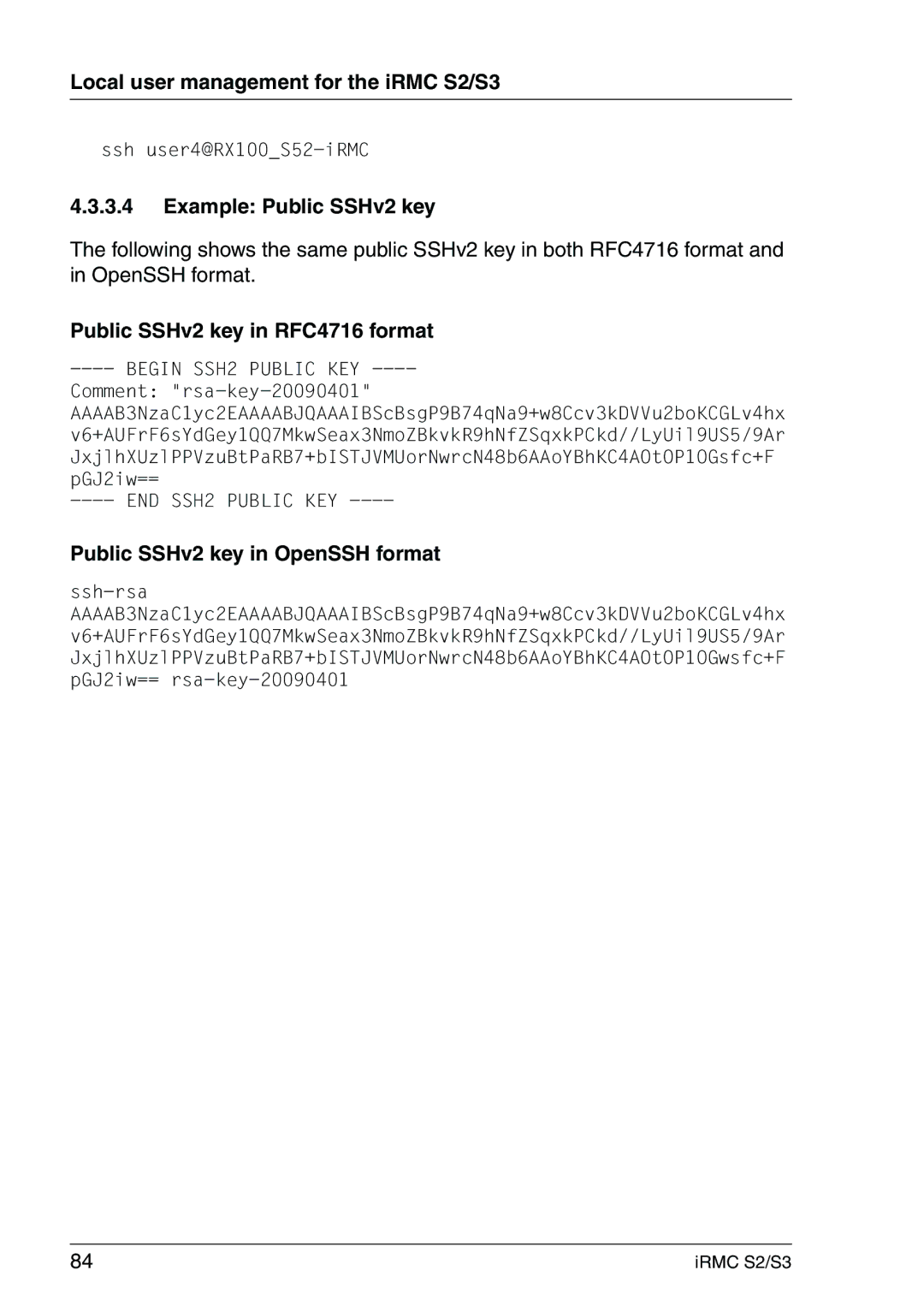 Fujitsu IRMC S2/S3 manual Example Public SSHv2 key, Public SSHv2 key in RFC4716 format, Public SSHv2 key in OpenSSH format 