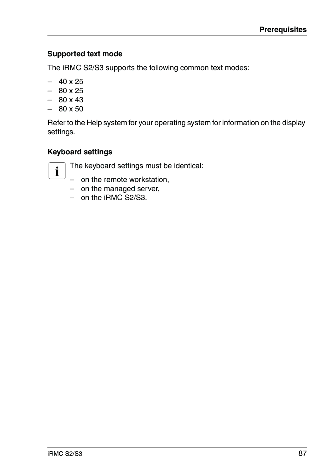 Fujitsu IRMC S2/S3 manual Prerequisites Supported text mode, Keyboard settings 