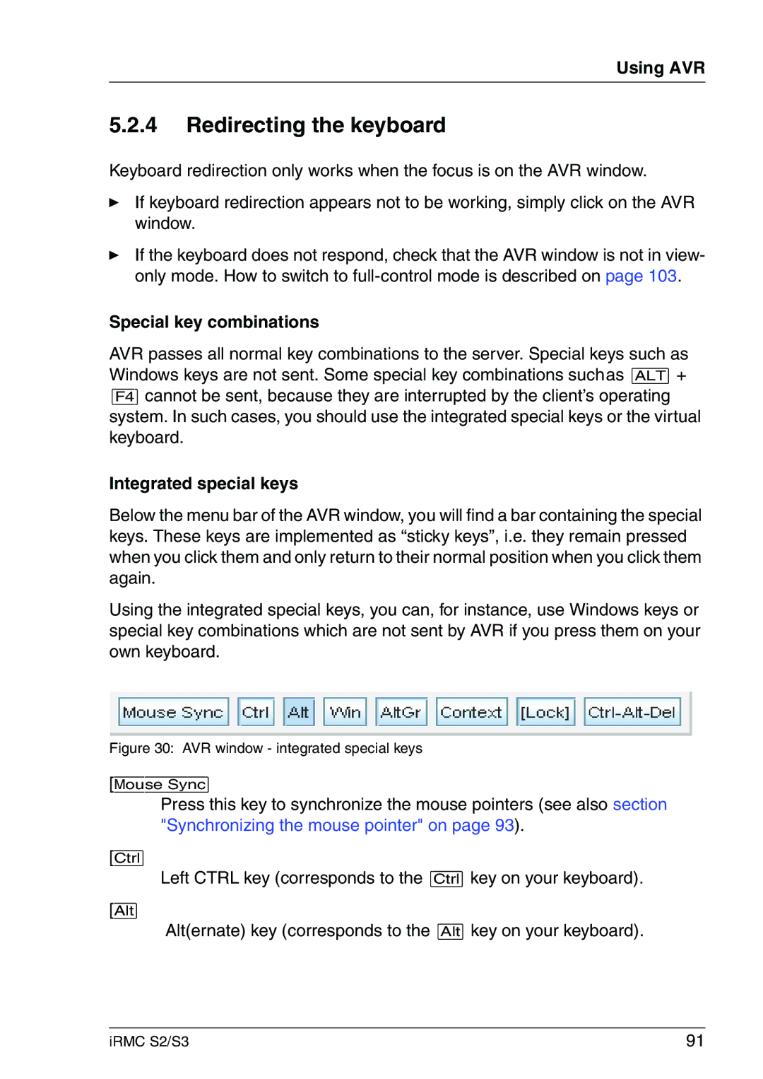 Fujitsu IRMC S2/S3 manual Redirecting the keyboard, Special key combinations, Integrated special keys 