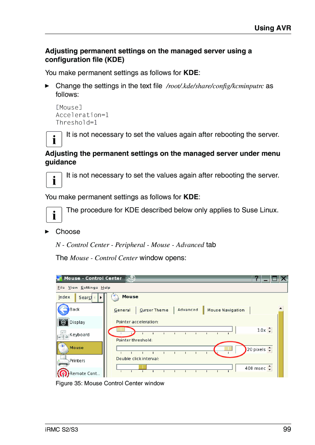 Fujitsu manual You make permanent settings as follows for KDE, Mouse Control Center window IRMC S2/S3 