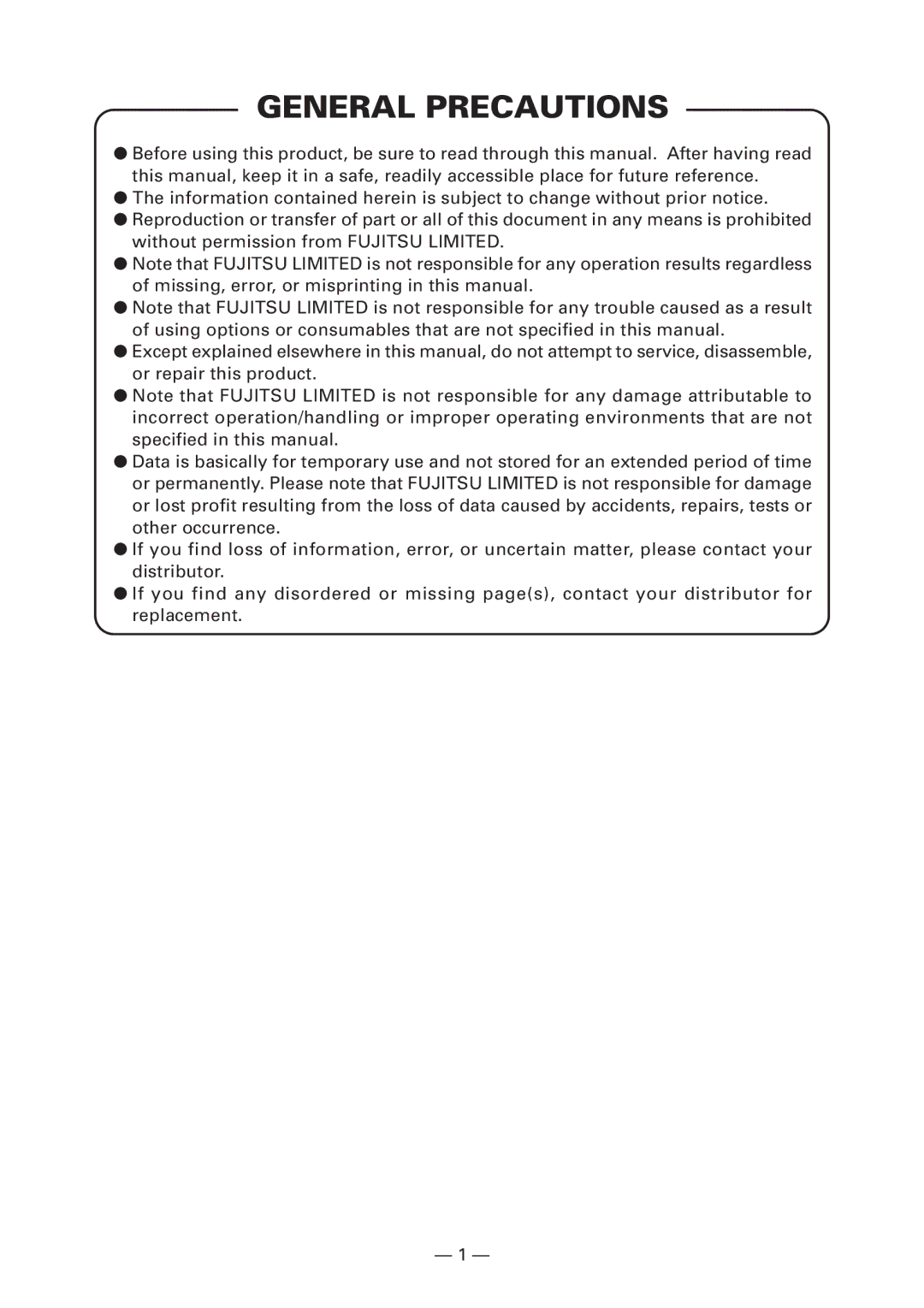 Fujitsu KD96009-0648 user manual General Precautions 