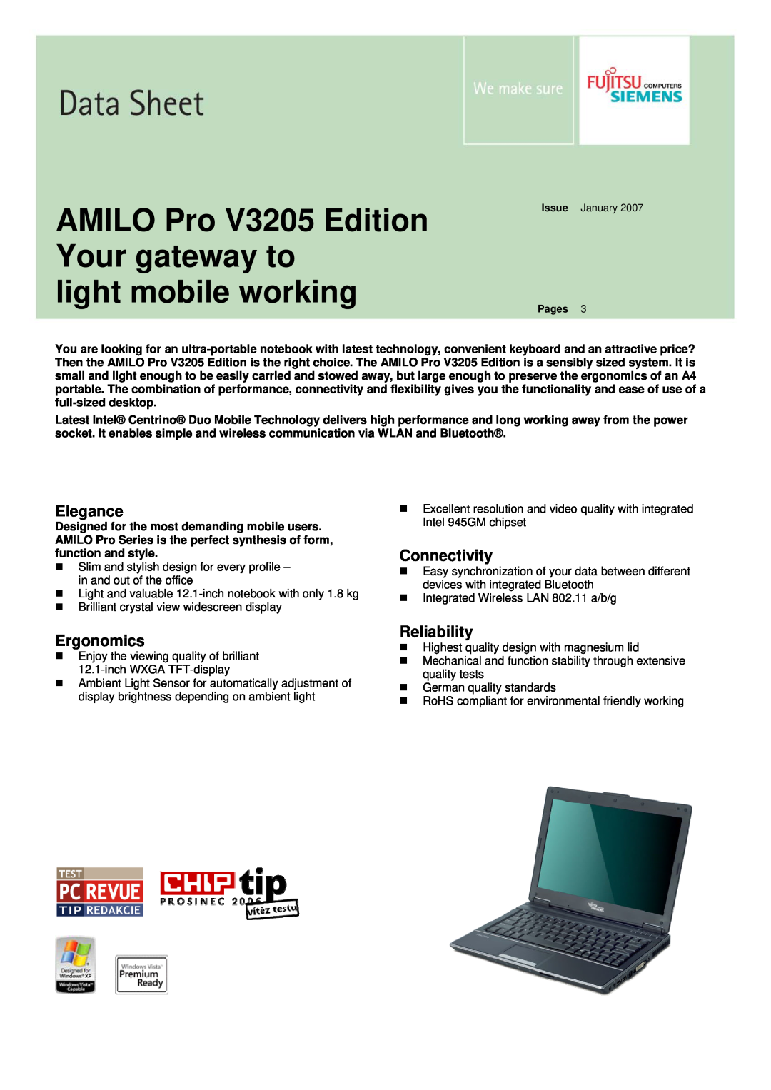 Fujitsu Laptop PC manual AMILO Pro V3205 Edition Your gateway to light mobile working, Elegance, Connectivity, Ergonomics 
