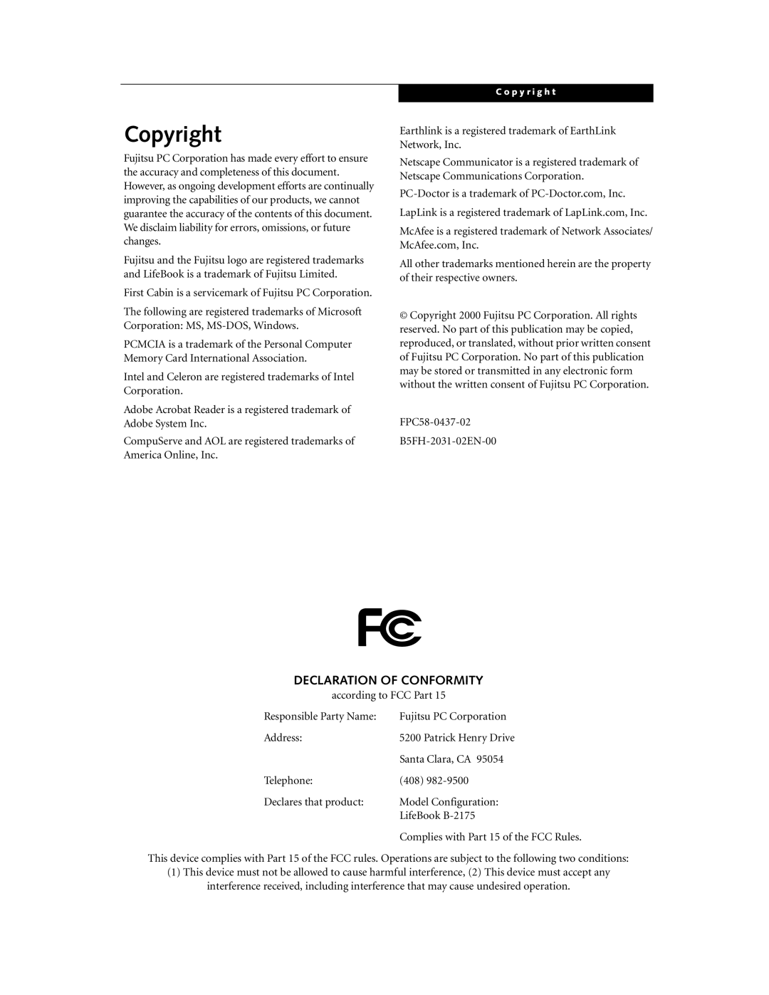 Fujitsu Laptop manual Copyright, Declaration of Conformity 