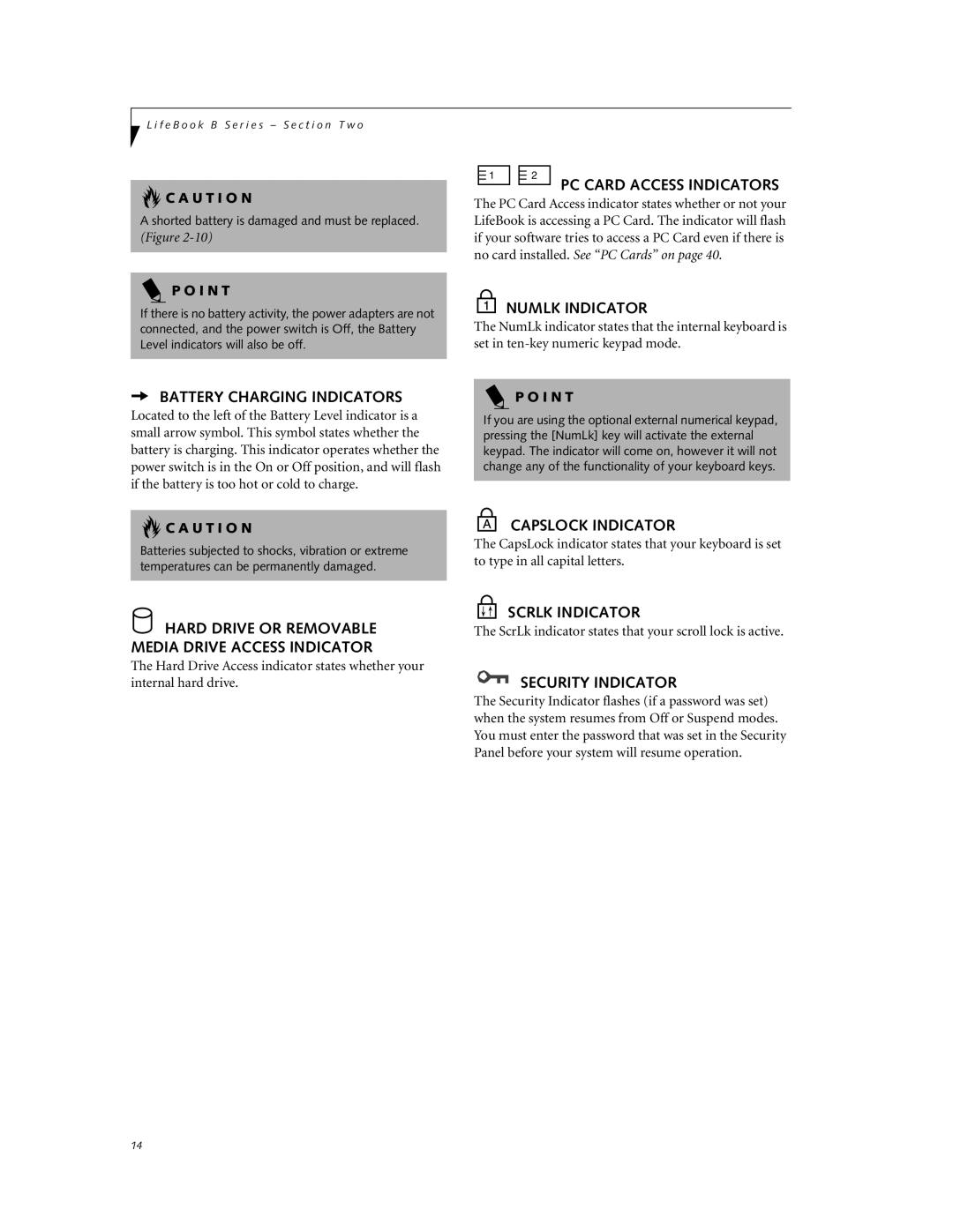 Fujitsu Laptop manual Battery Charging Indicators, Numlk Indicator, Capslock Indicator, Scrlk Indicator, Security Indicator 
