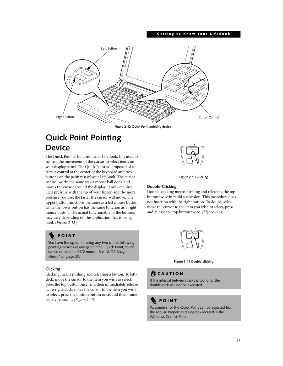 Fujitsu Laptop manual Quick Point Pointing Device, Double-Clicking 