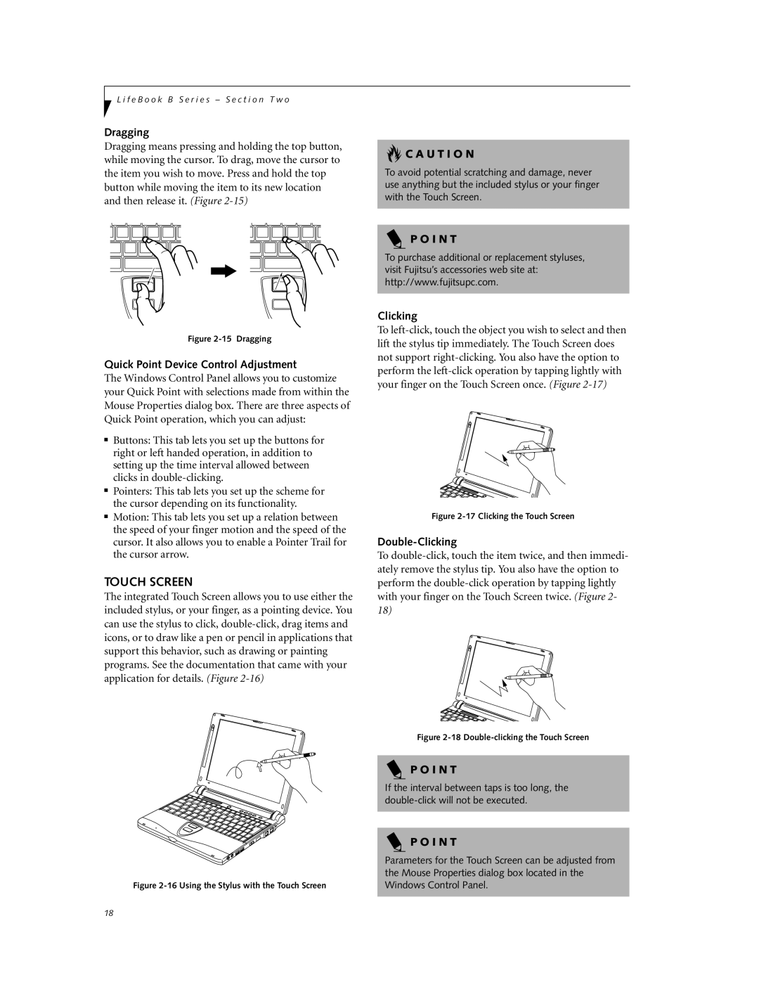 Fujitsu Laptop manual Touch Screen, Dragging, Quick Point Device Control Adjustment 