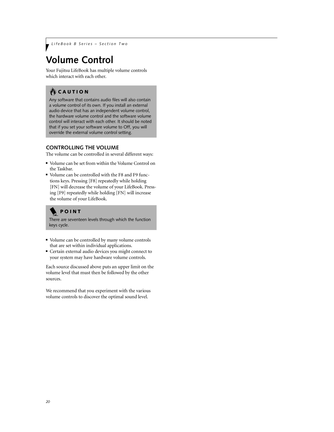 Fujitsu Laptop manual Volume Control, Controlling the Volume 