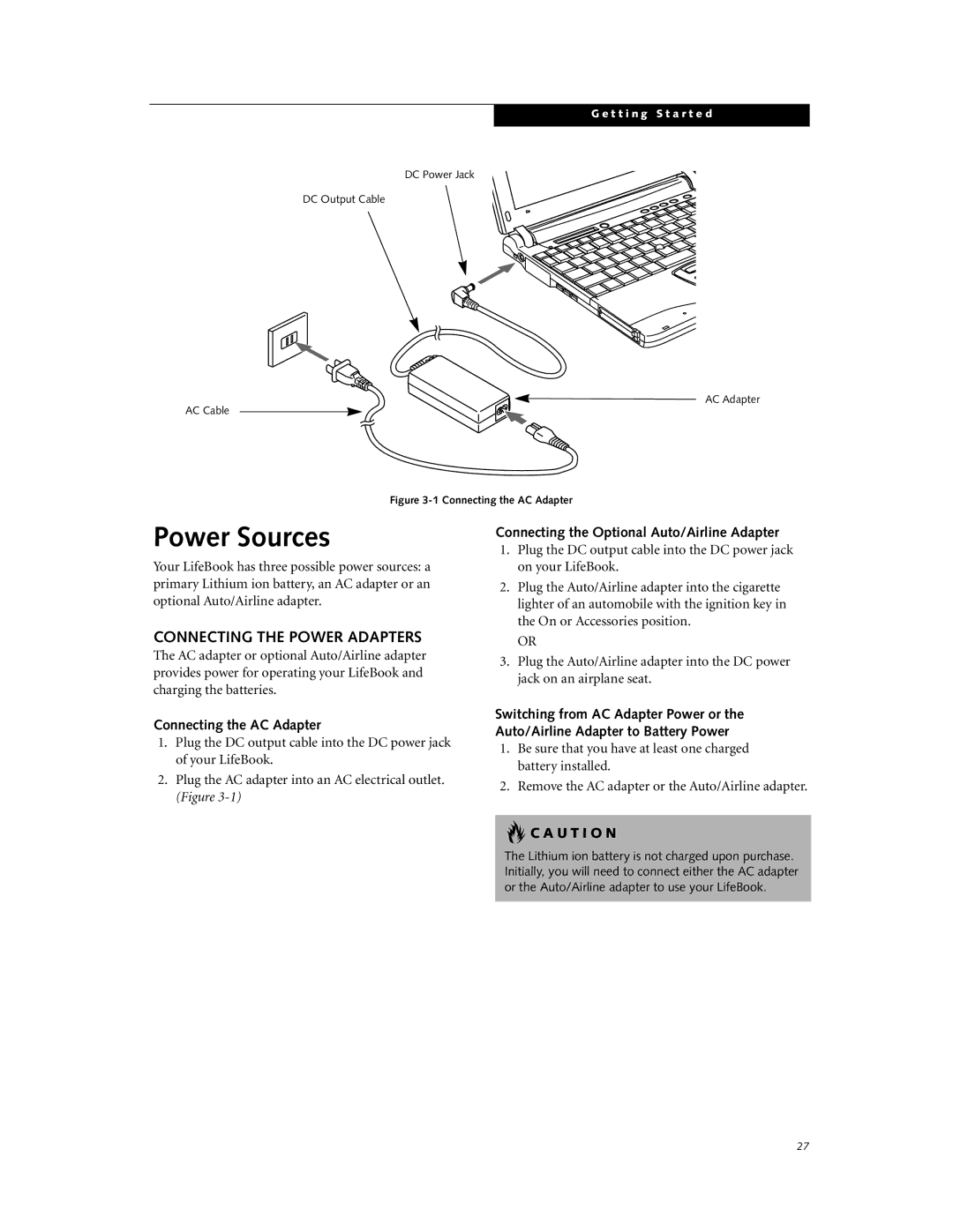 Fujitsu Laptop manual Power Sources, Connecting the Power Adapters, Connecting the Optional Auto/Airline Adapter 