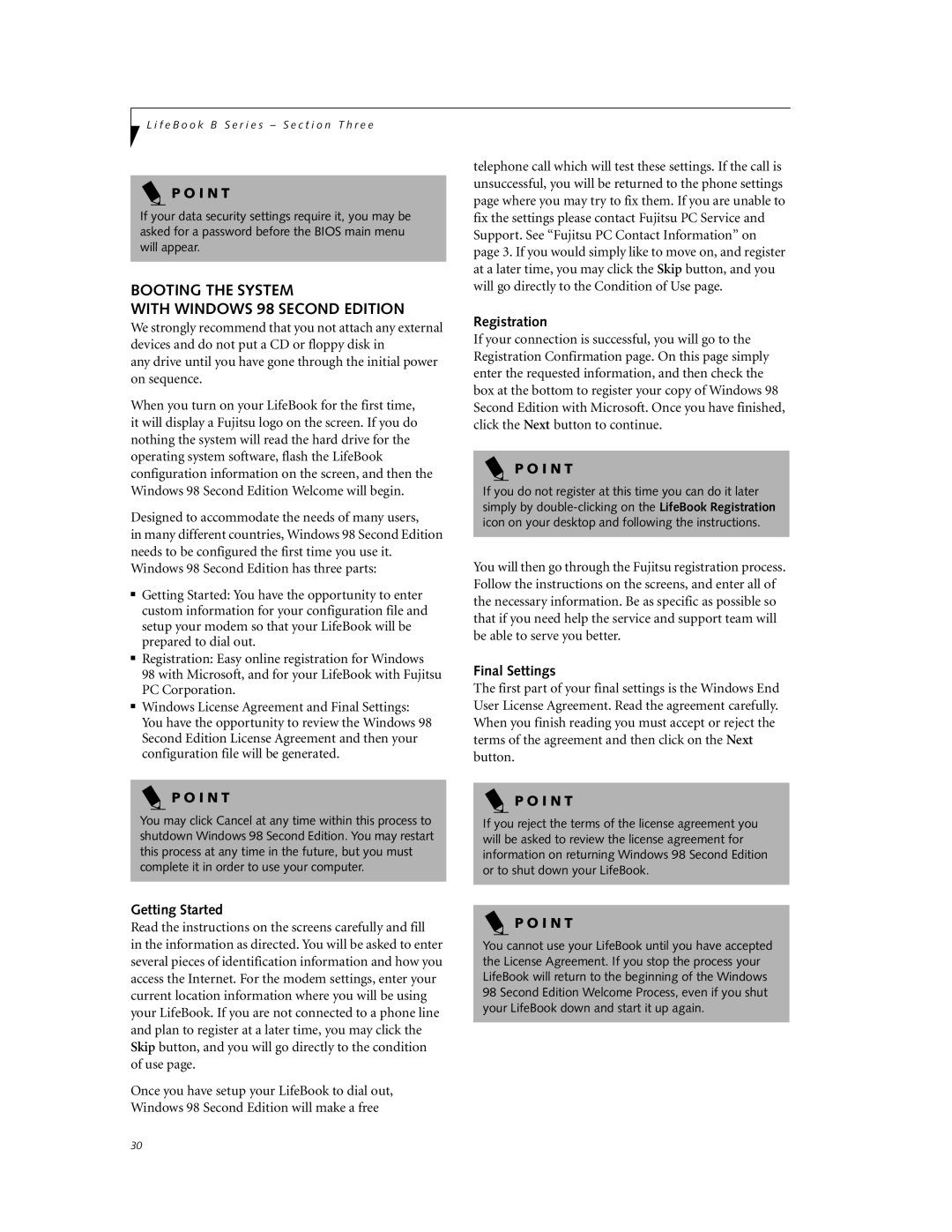 Fujitsu Laptop manual Booting the System With Windows 98 Second Edition, Registration, Final Settings, Getting Started 