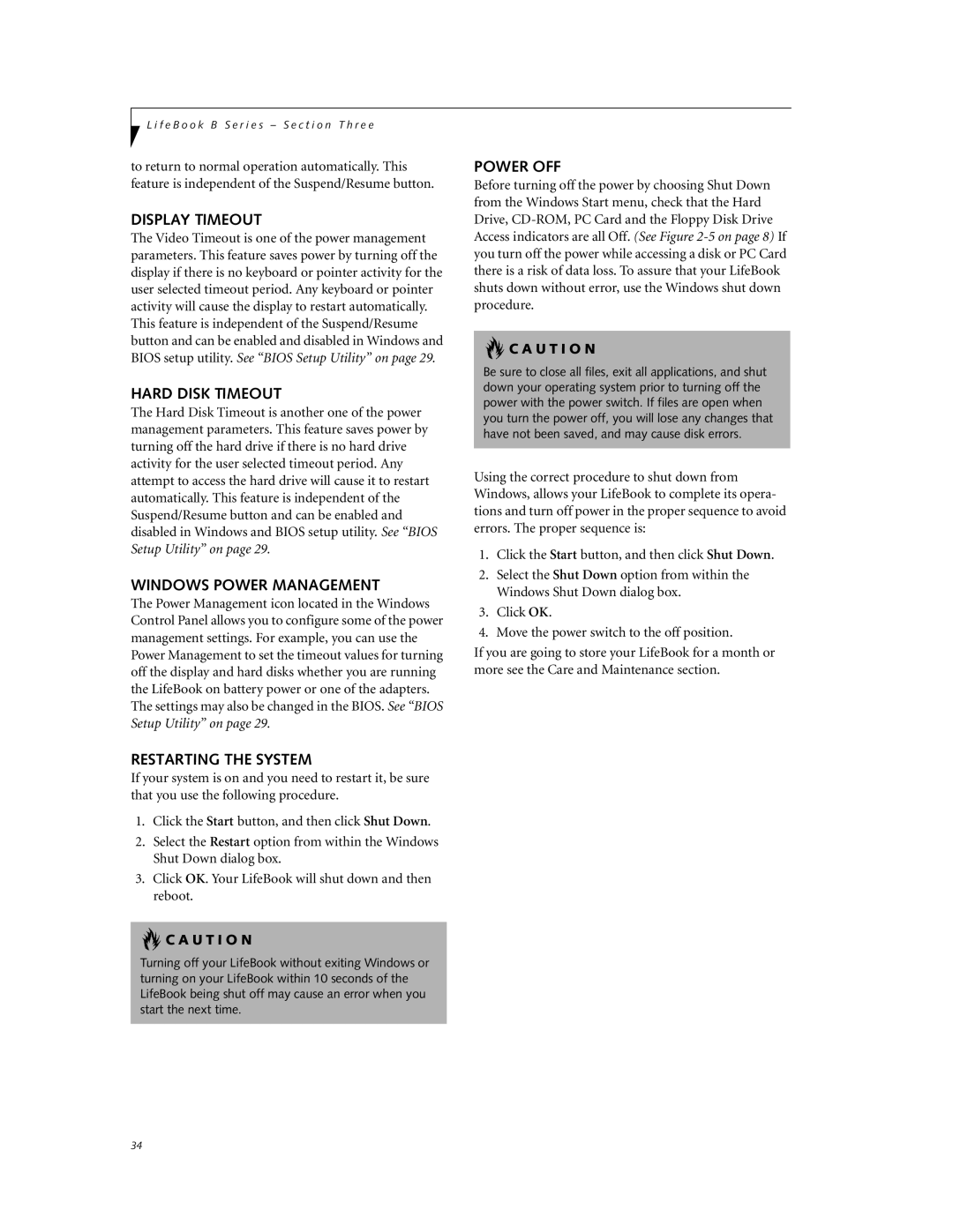 Fujitsu Laptop manual Display Timeout, Hard Disk Timeout, Windows Power Management, Restarting the System, Power OFF 