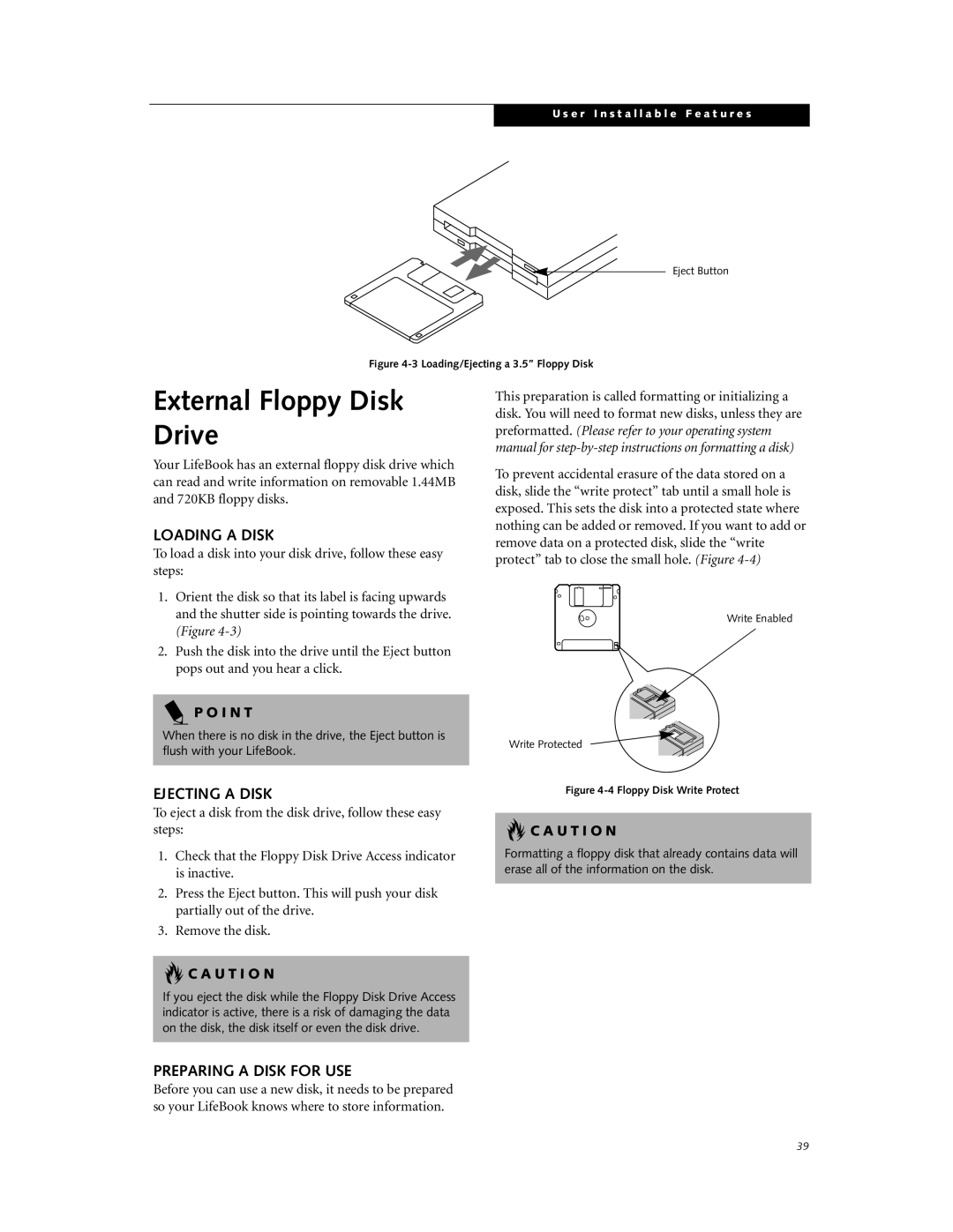 Fujitsu Laptop manual External Floppy Disk Drive, Loading a Disk, Ejecting a Disk, Preparing a Disk for USE 