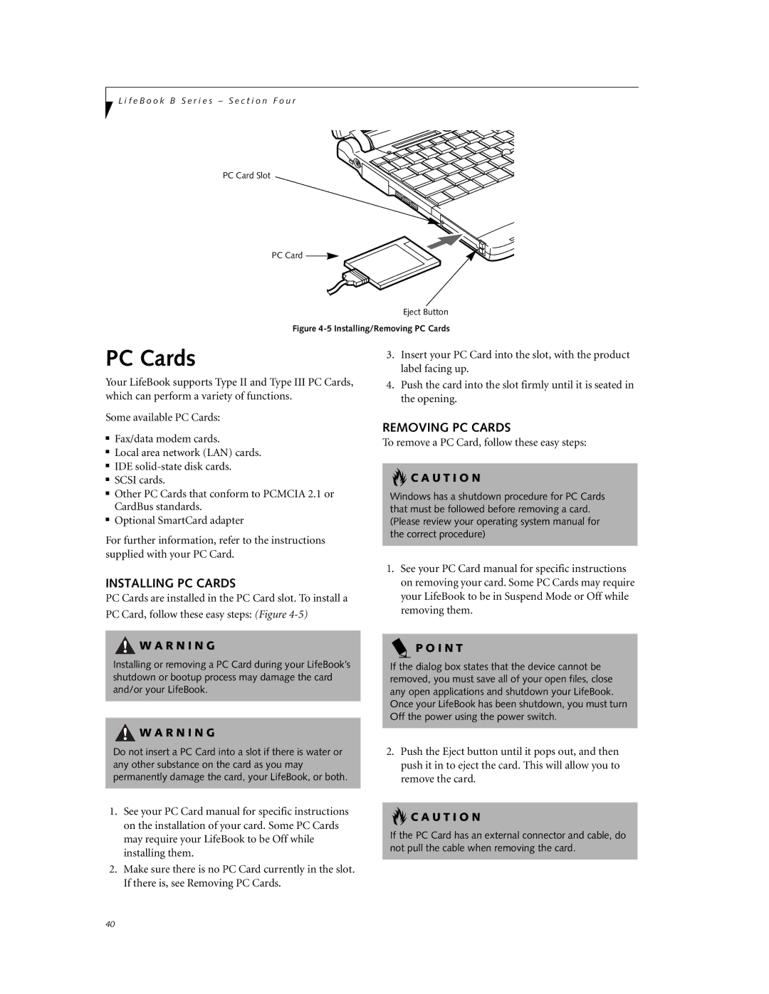 Fujitsu Laptop manual Installing PC Cards, Removing PC Cards 