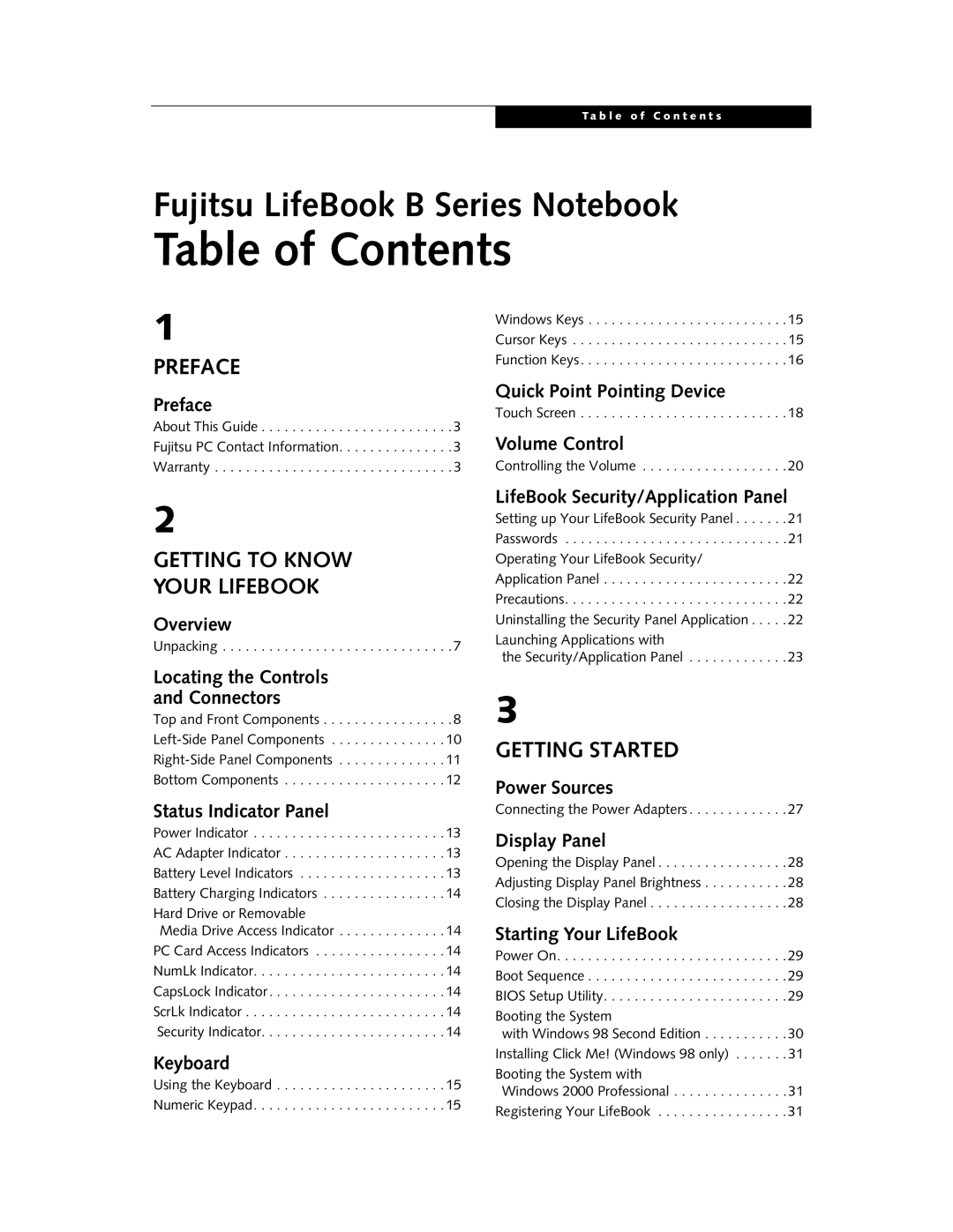 Fujitsu Laptop manual Table of Contents 