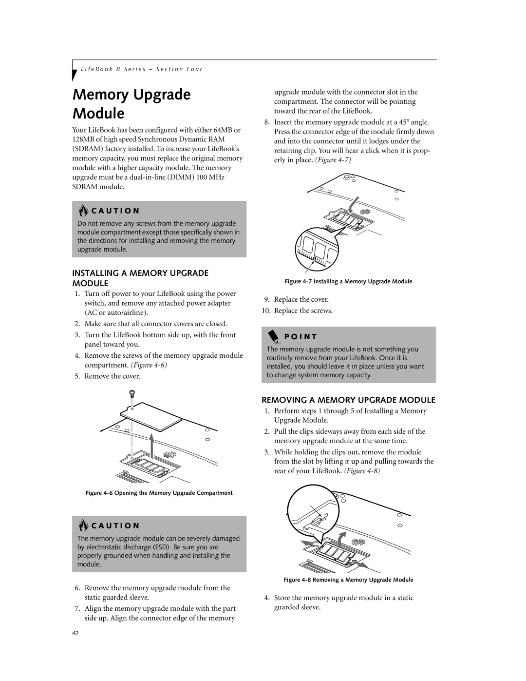 Fujitsu Laptop manual Installing a Memory Upgrade Module, Removing a Memory Upgrade Module 