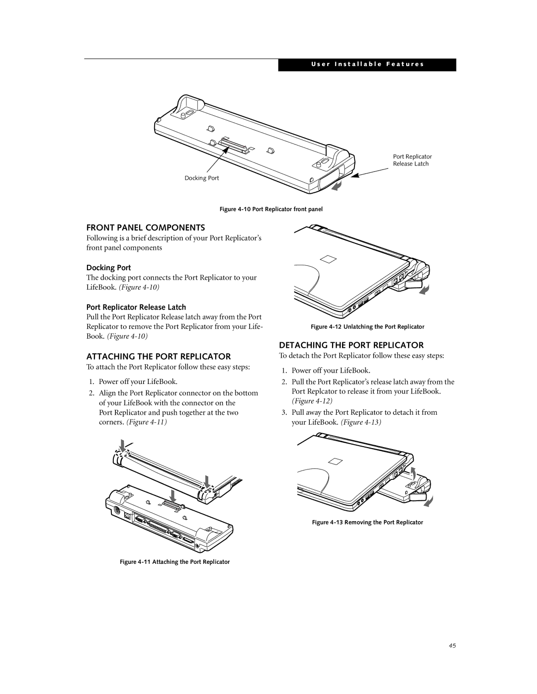 Fujitsu Laptop manual Front Panel Components, Attaching the Port Replicator, Detaching the Port Replicator, Docking Port 