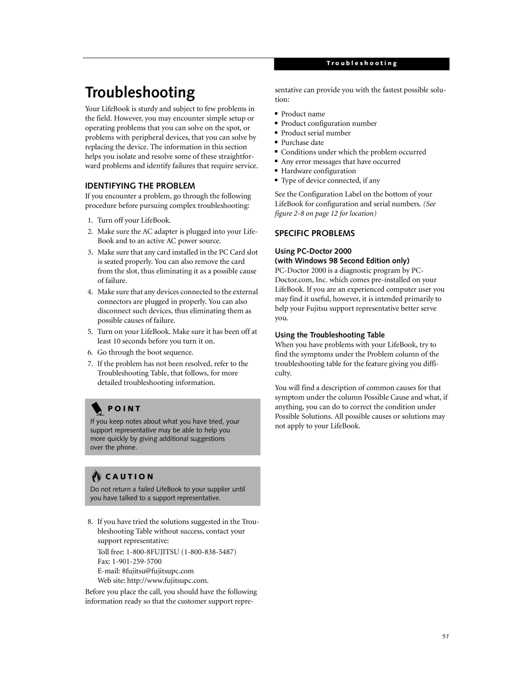 Fujitsu Laptop manual Identifying the Problem, Specific Problems, Using the Troubleshooting Table 