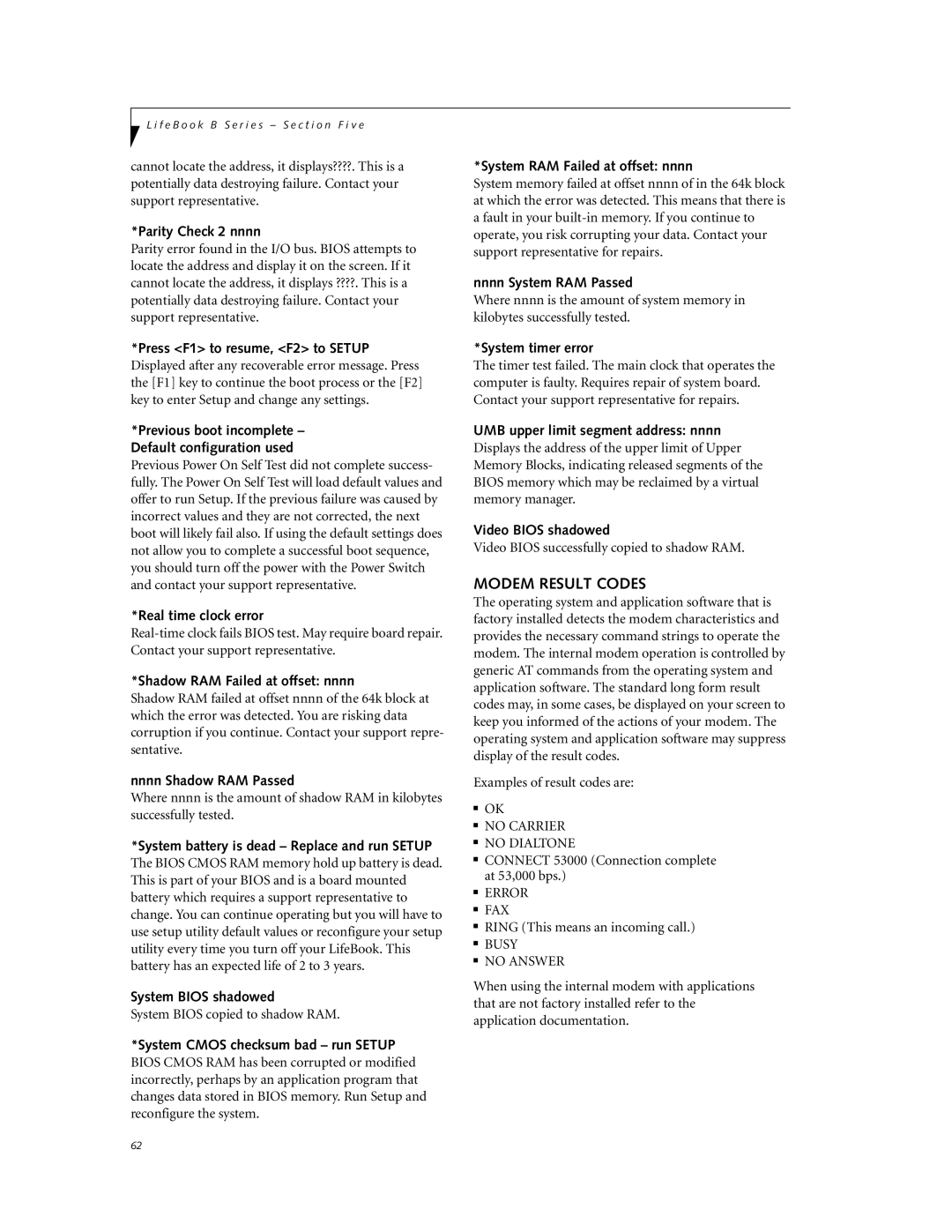 Fujitsu Laptop manual Modem Result Codes 