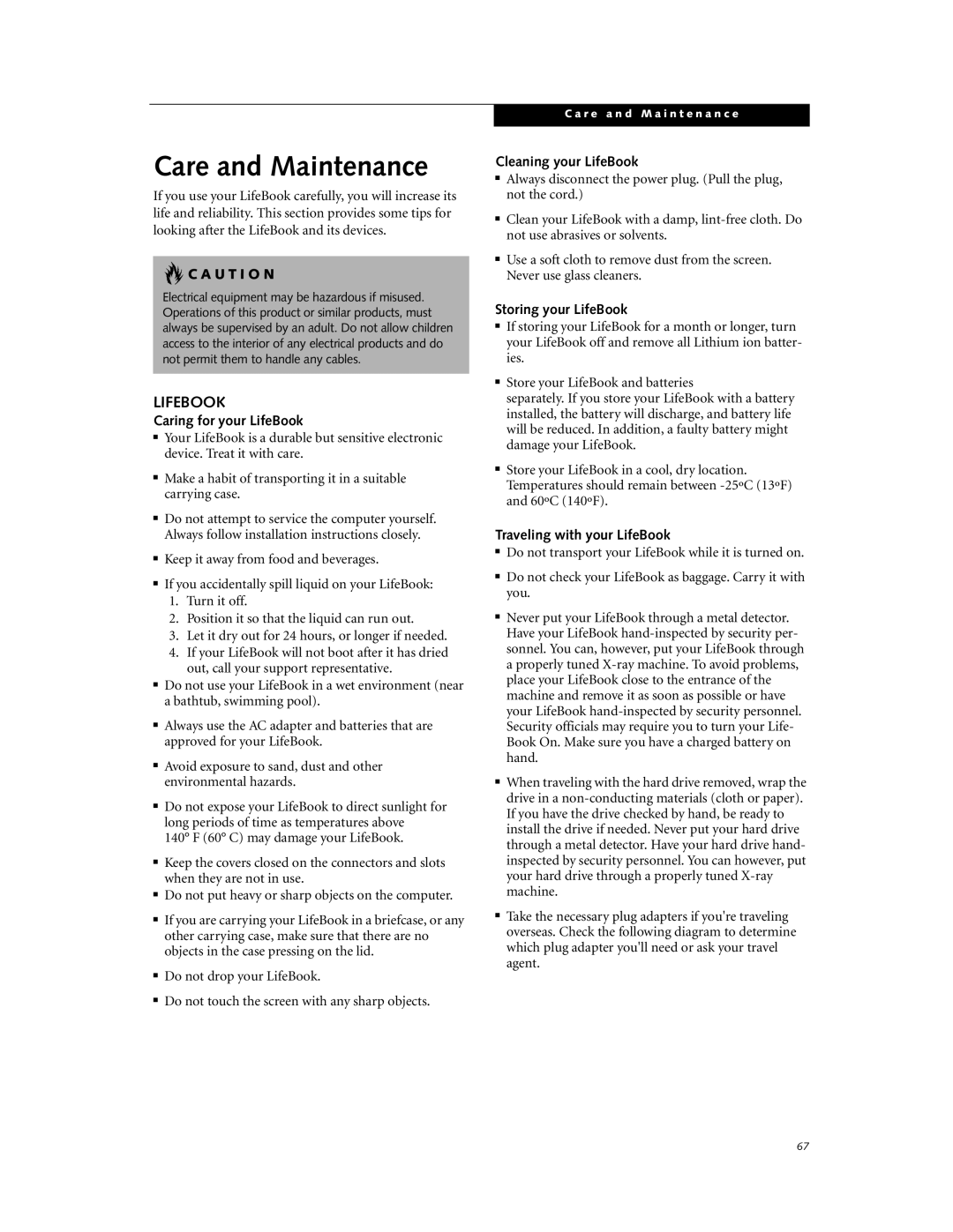 Fujitsu Laptop manual Care and Maintenance, Lifebook 