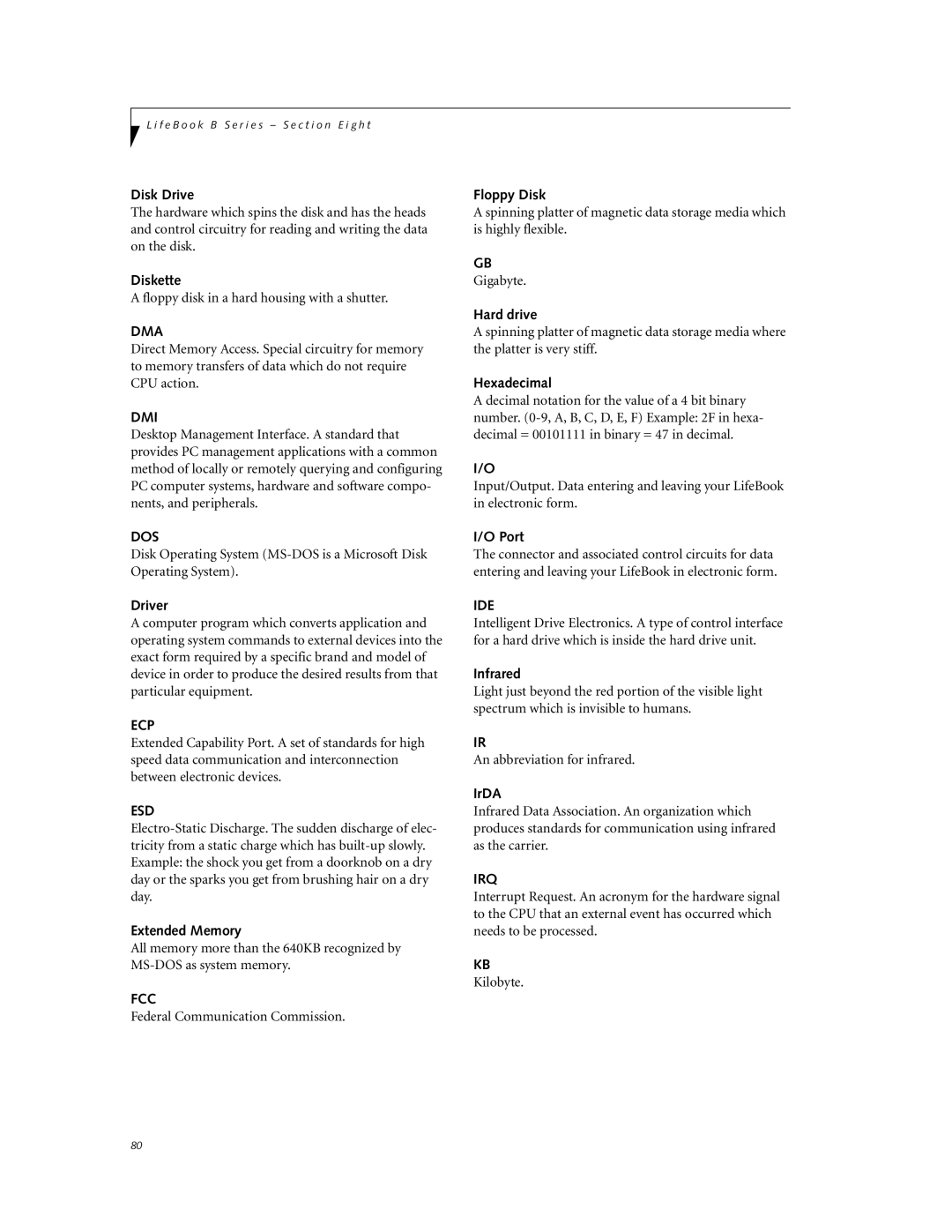 Fujitsu Laptop manual Dma, Dmi, Dos, Ecp, Esd, Fcc, Ide, Irq 