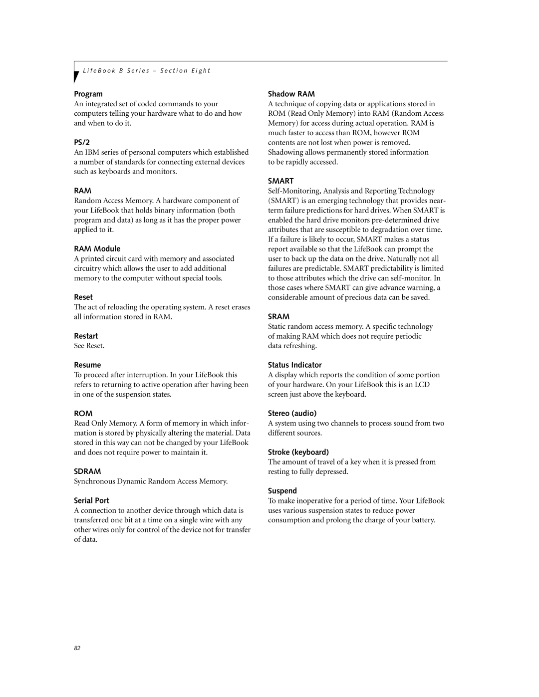 Fujitsu Laptop manual Ram, Rom, Sdram, Smart, Sram 