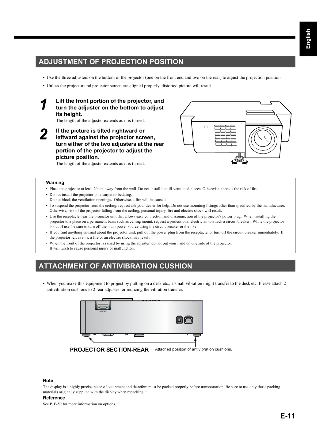 Fujitsu LPF-QSD1W user manual Adjustment of Projection Position, Attachment of Antivibration Cushion, Its height, Reference 