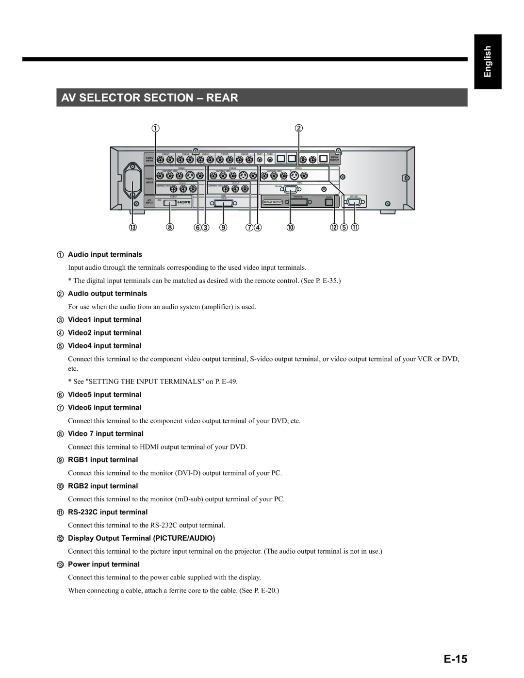 Fujitsu LPF-QSD1W user manual AV Selector Section Rear 