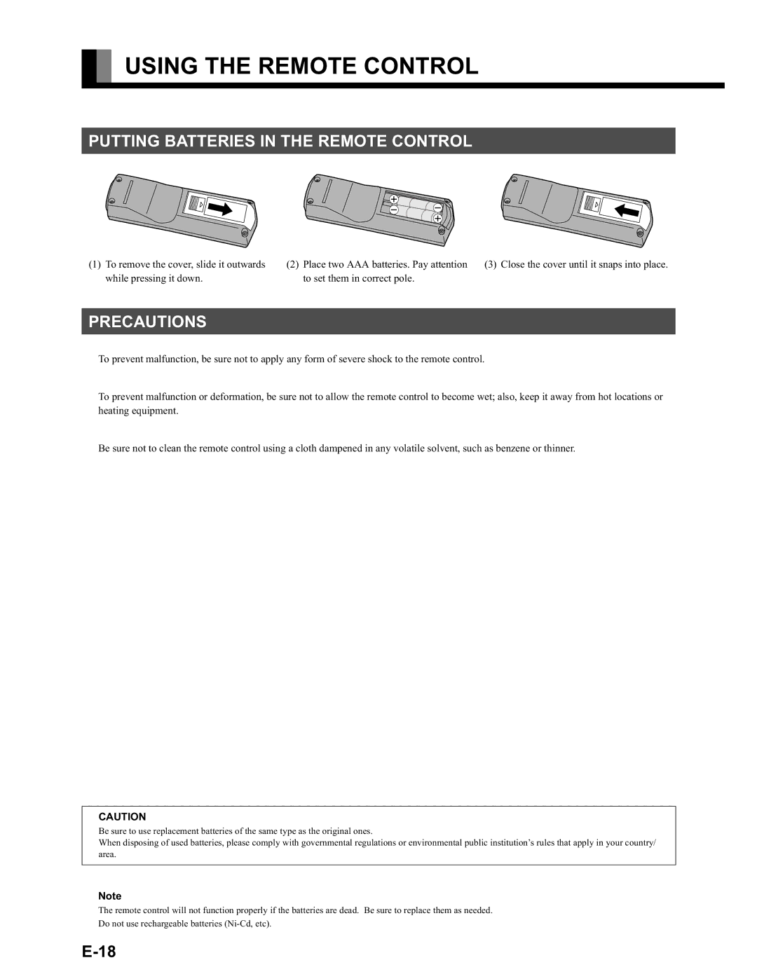 Fujitsu LPF-QSD1W user manual Using the Remote Control, Putting Batteries in the Remote Control, Precautions 