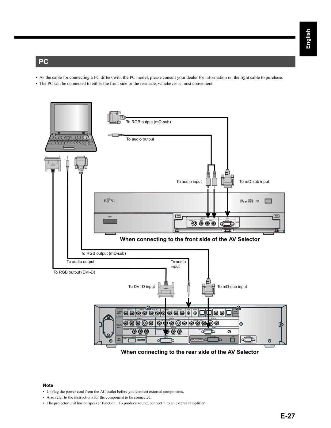 Fujitsu LPF-QSD1W user manual English, When connecting to the rear side of the AV Selector 