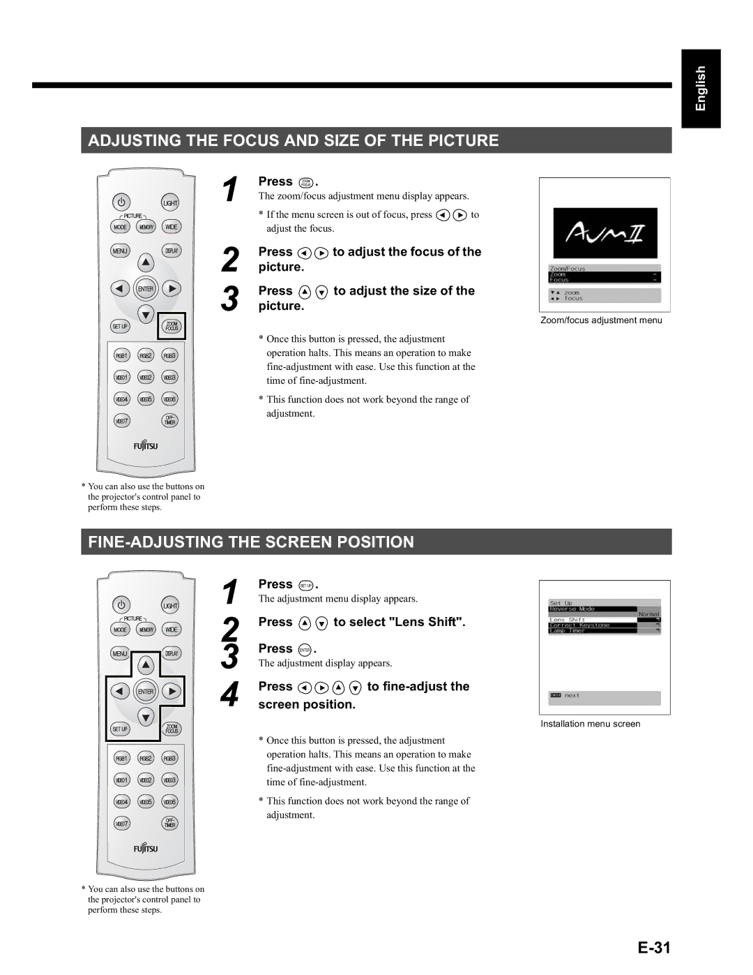 Fujitsu LPF-QSD1W user manual Adjusting the Focus and Size of the Picture, FINE-ADJUSTING the Screen Position 