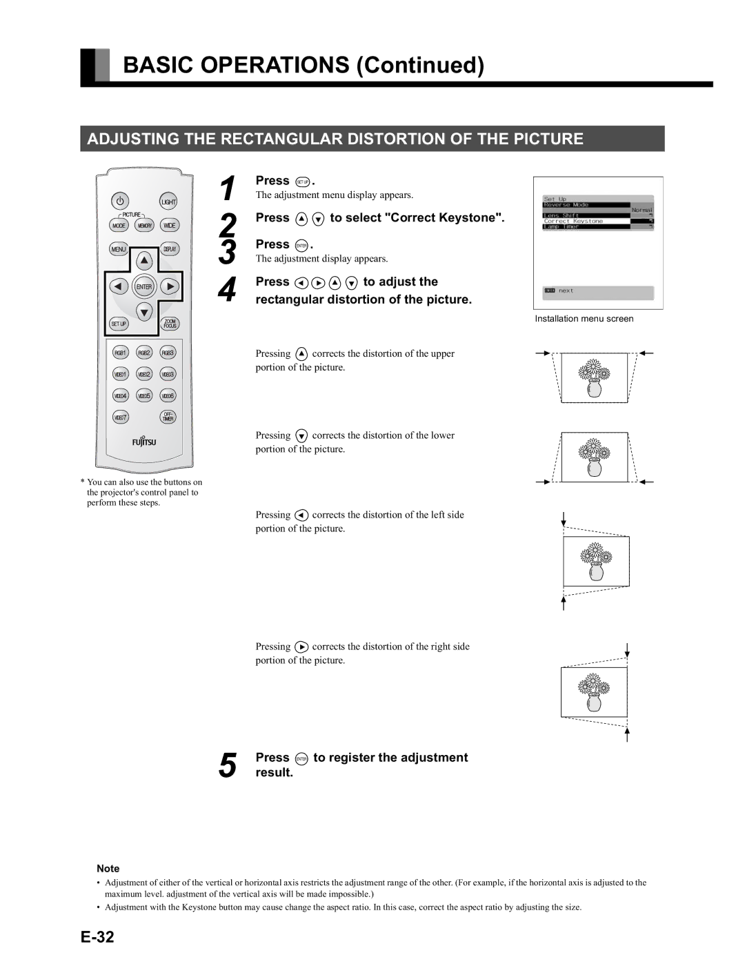 Fujitsu LPF-QSD1W user manual Adjusting the Rectangular Distortion of the Picture, Press CD to select Correct Keystone 